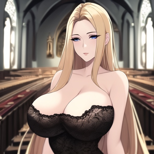 woman front view blonde church long hair fishnet small boobs nude 