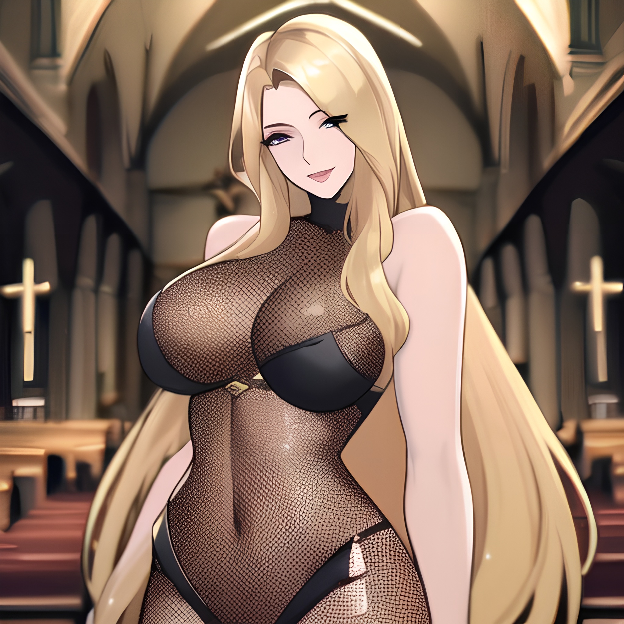 woman front view blonde nude fishnet small boobs church long hair 