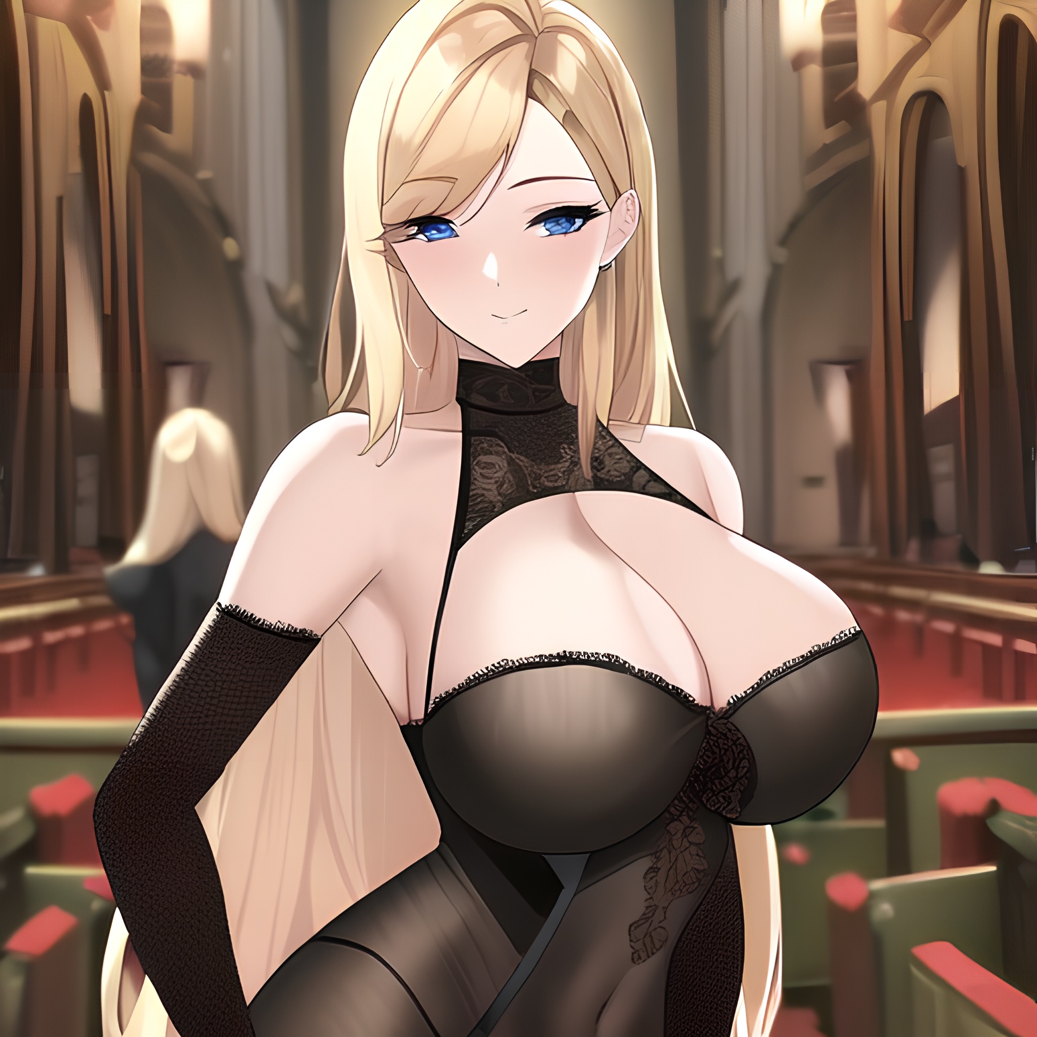 woman front view blonde nude long hair small boobs fishnet church