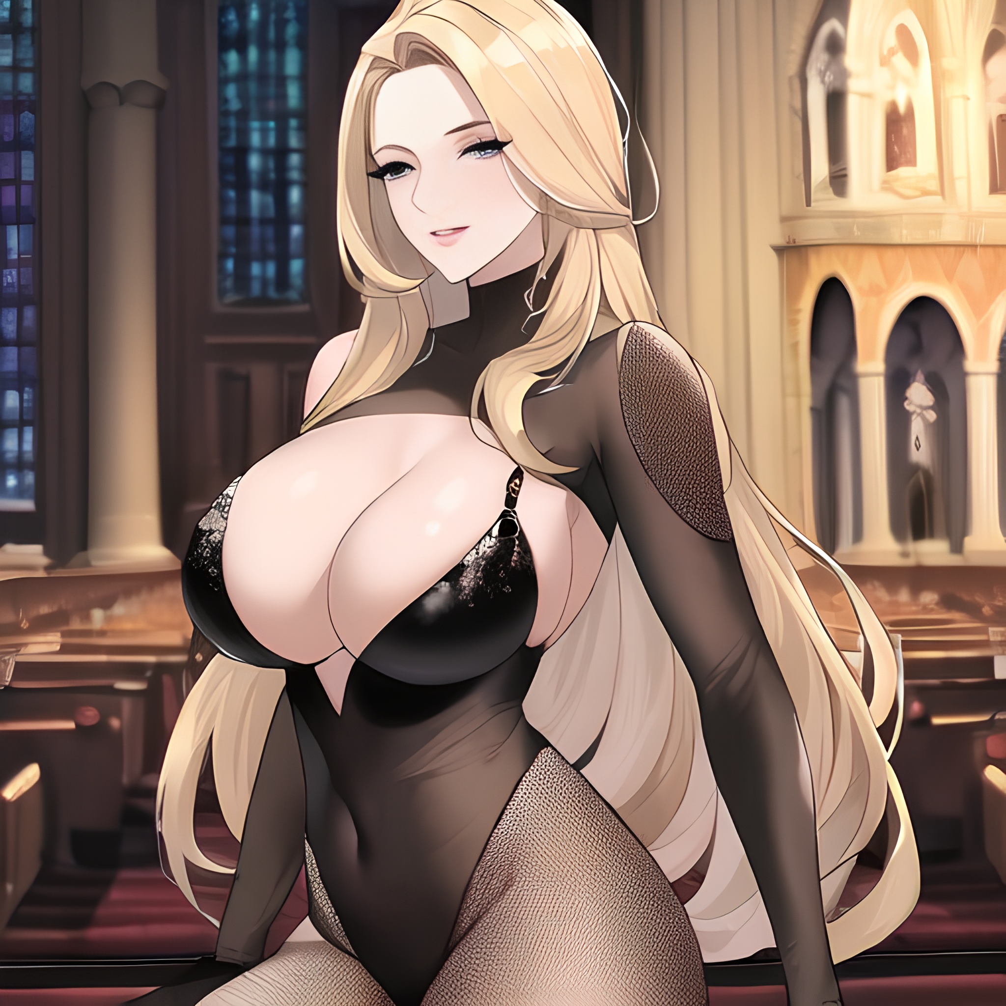 woman front view blonde small boobs fishnet church nude long hair 
