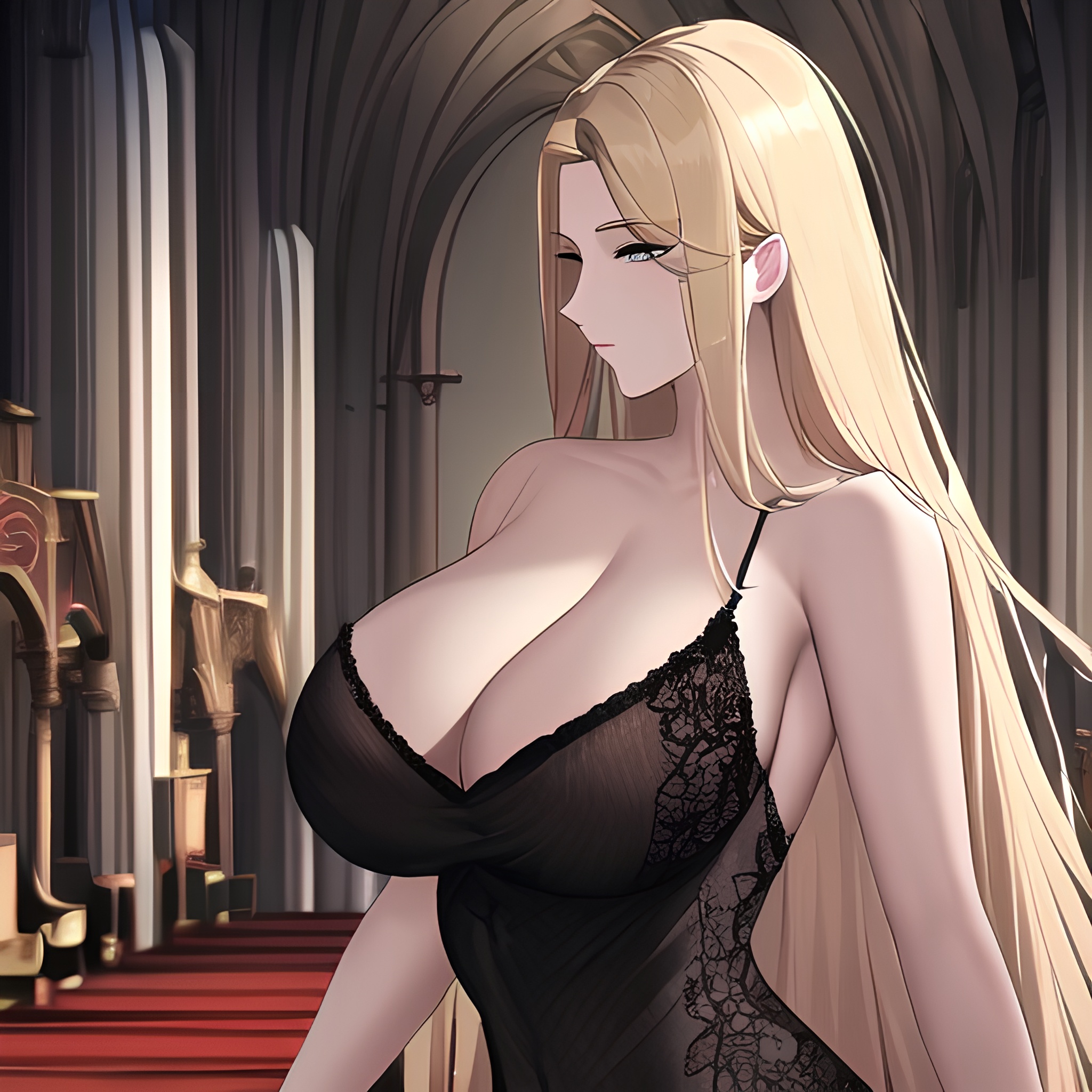 woman front view blonde small boobs nude church long hair fishnet 