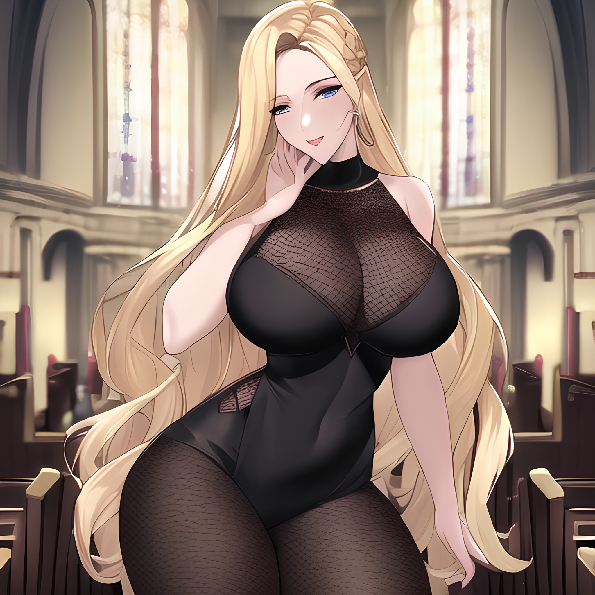 woman front view fishnet long hair church small boobs nude blonde 