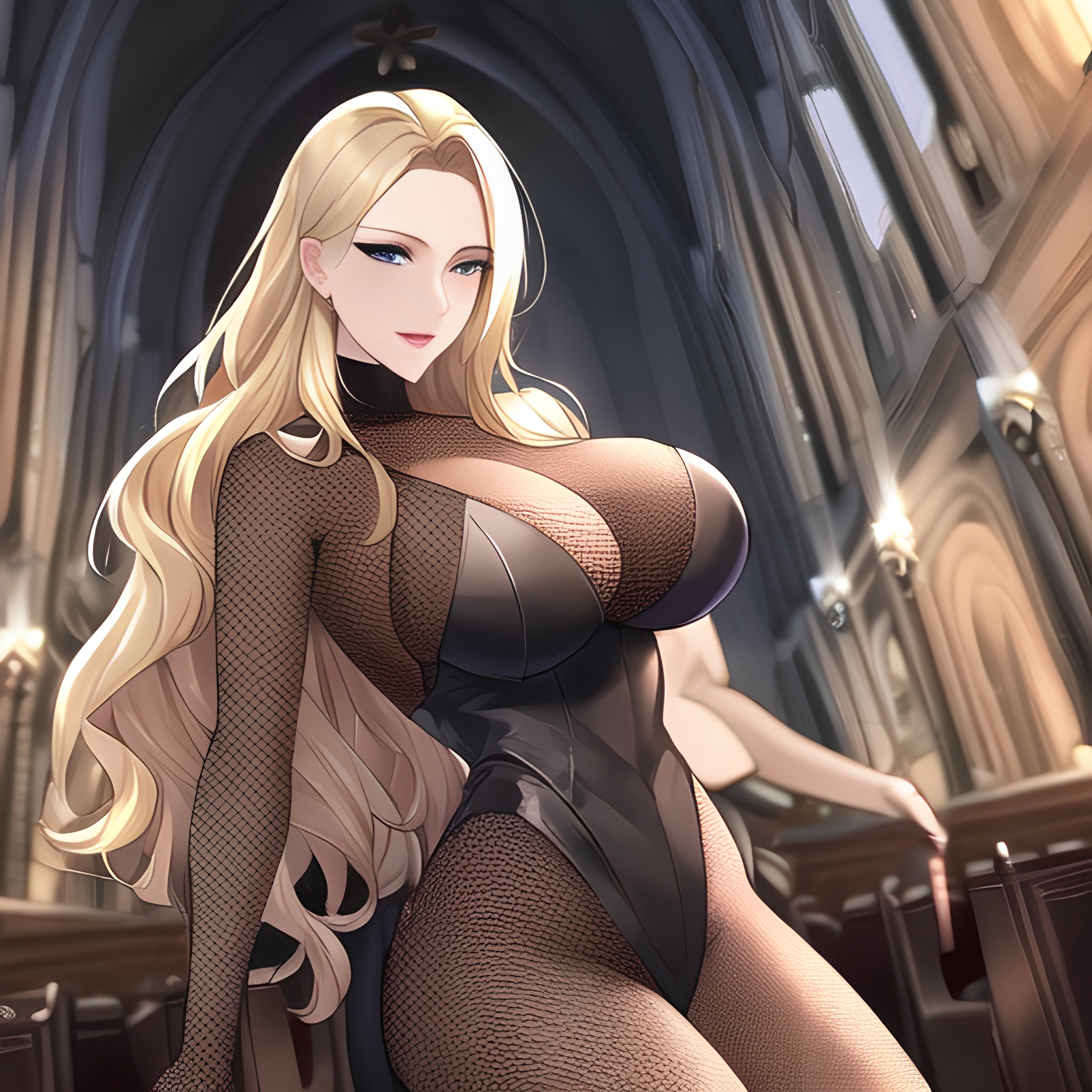 woman front view fishnet nude blonde long hair small boobs church 