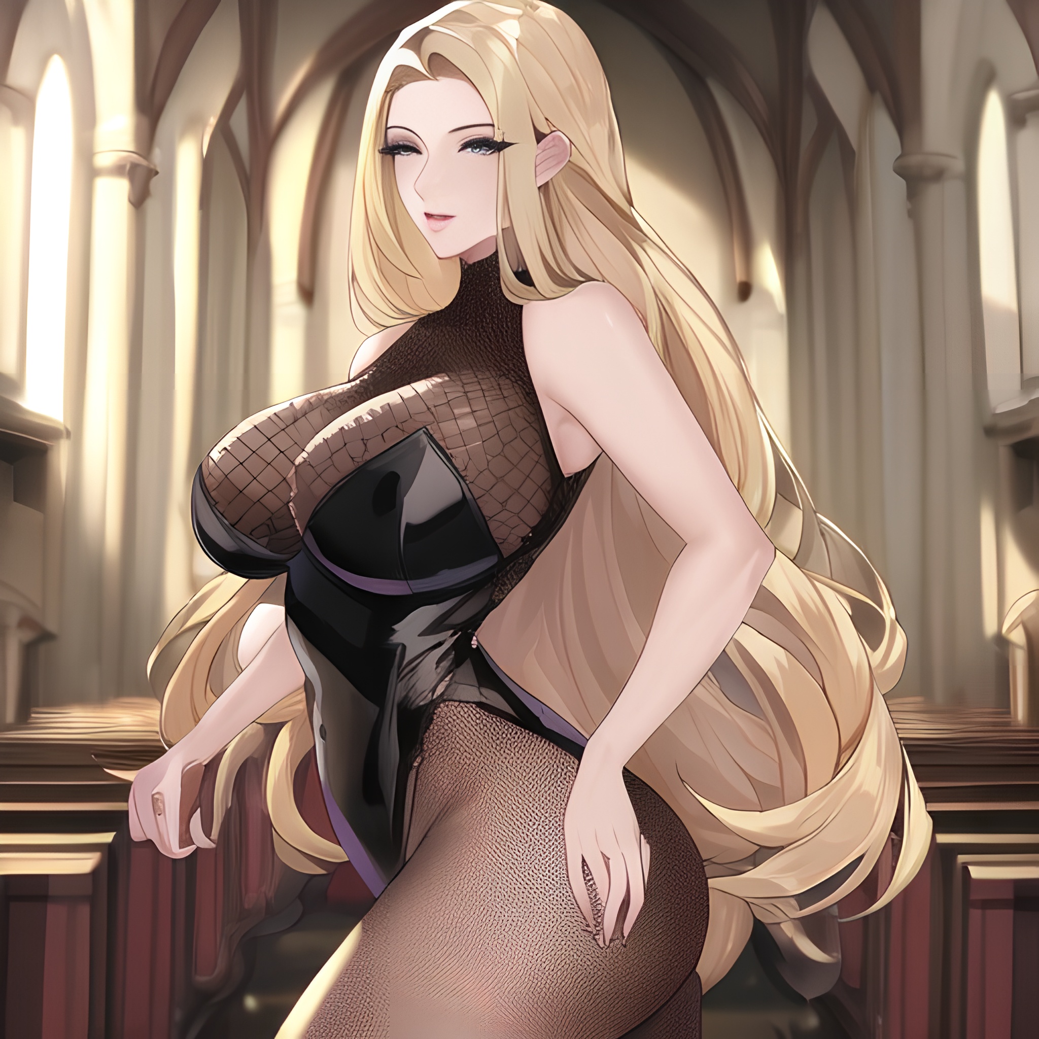 woman front view fishnet small boobs blonde nude church long hair 