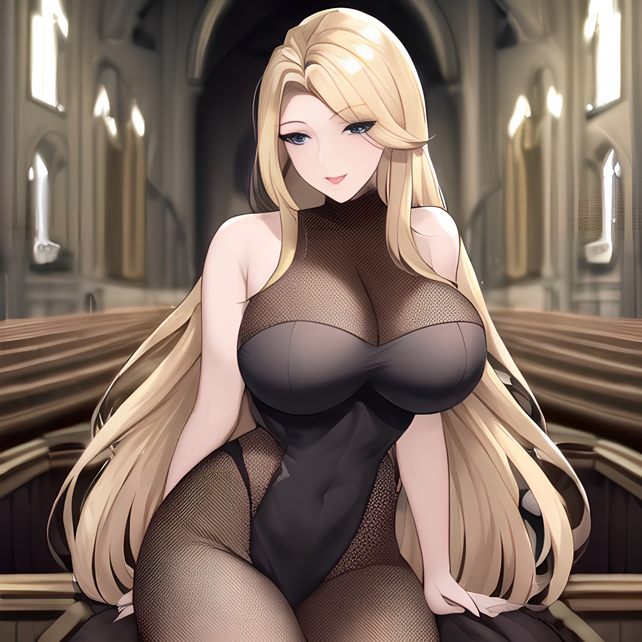 woman front view long hair blonde church small boobs nude fishnet 