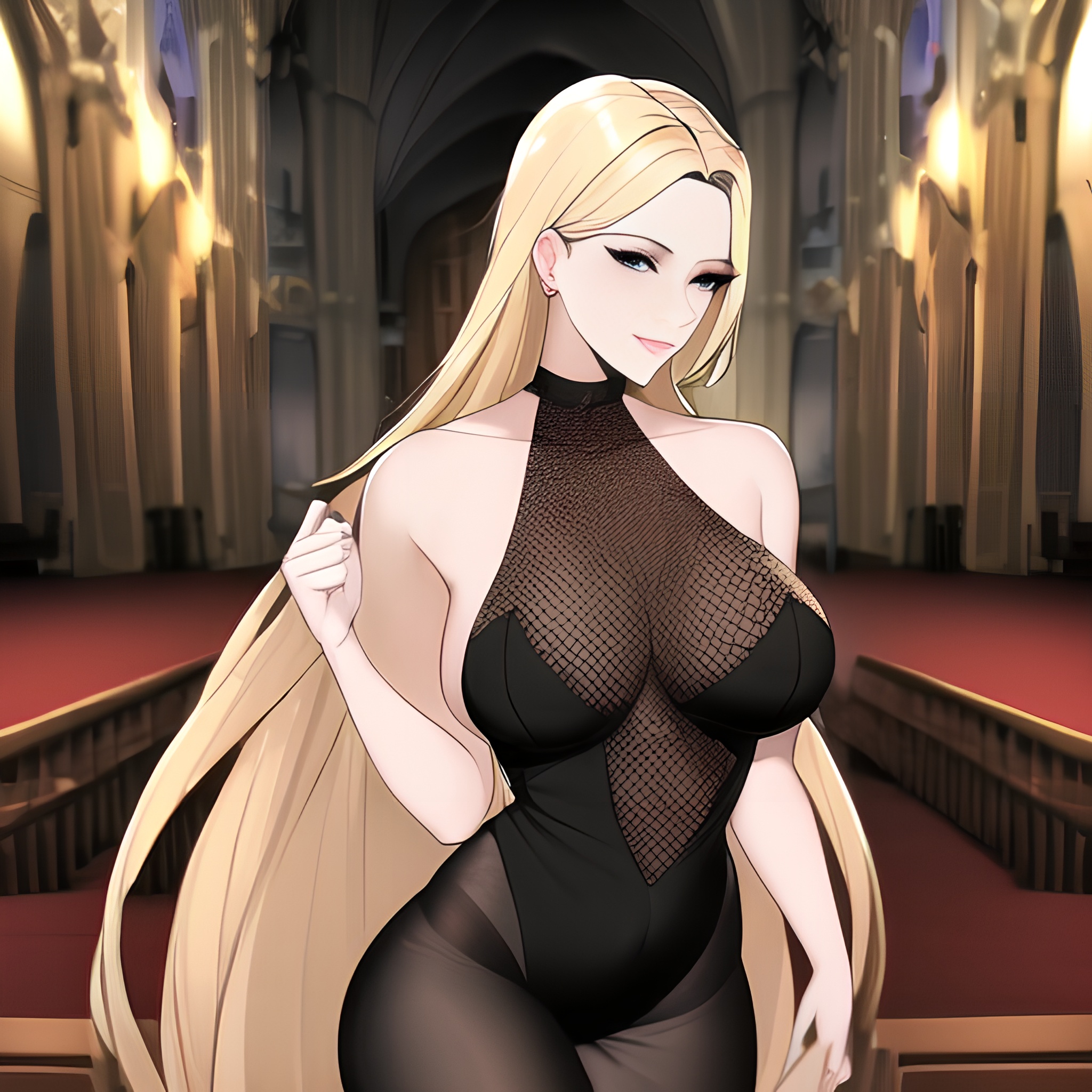 woman front view long hair fishnet blonde nude church small boobs 