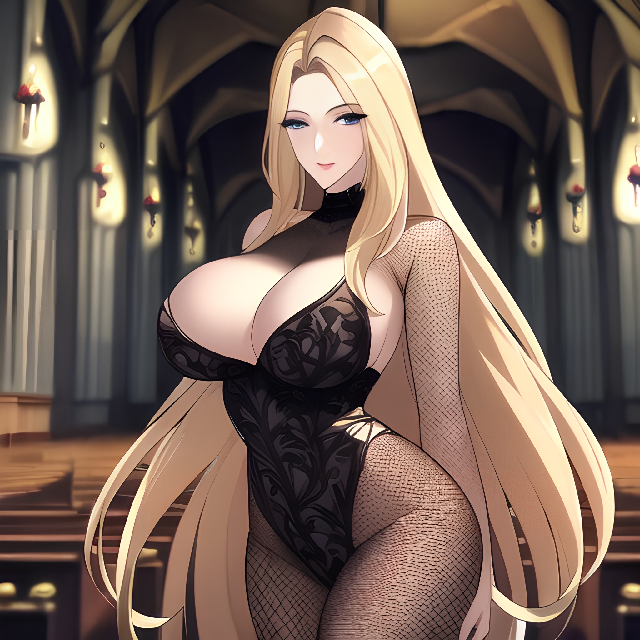 woman front view nude long hair small boobs church fishnet blonde 