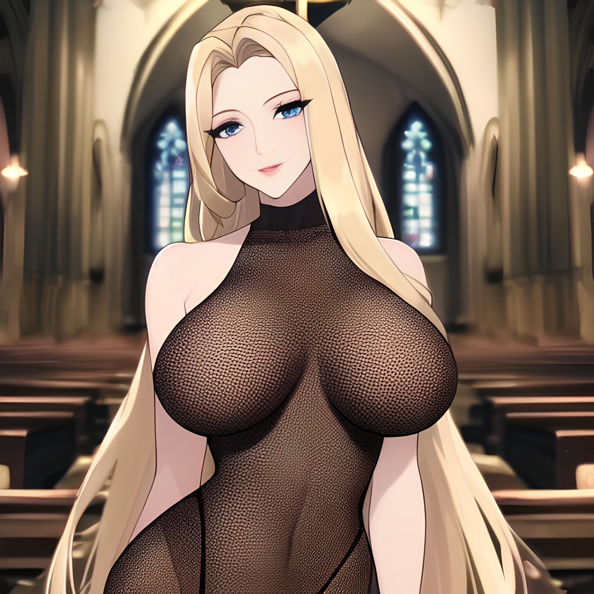 woman long hair blonde fishnet front view nude church small boobs 