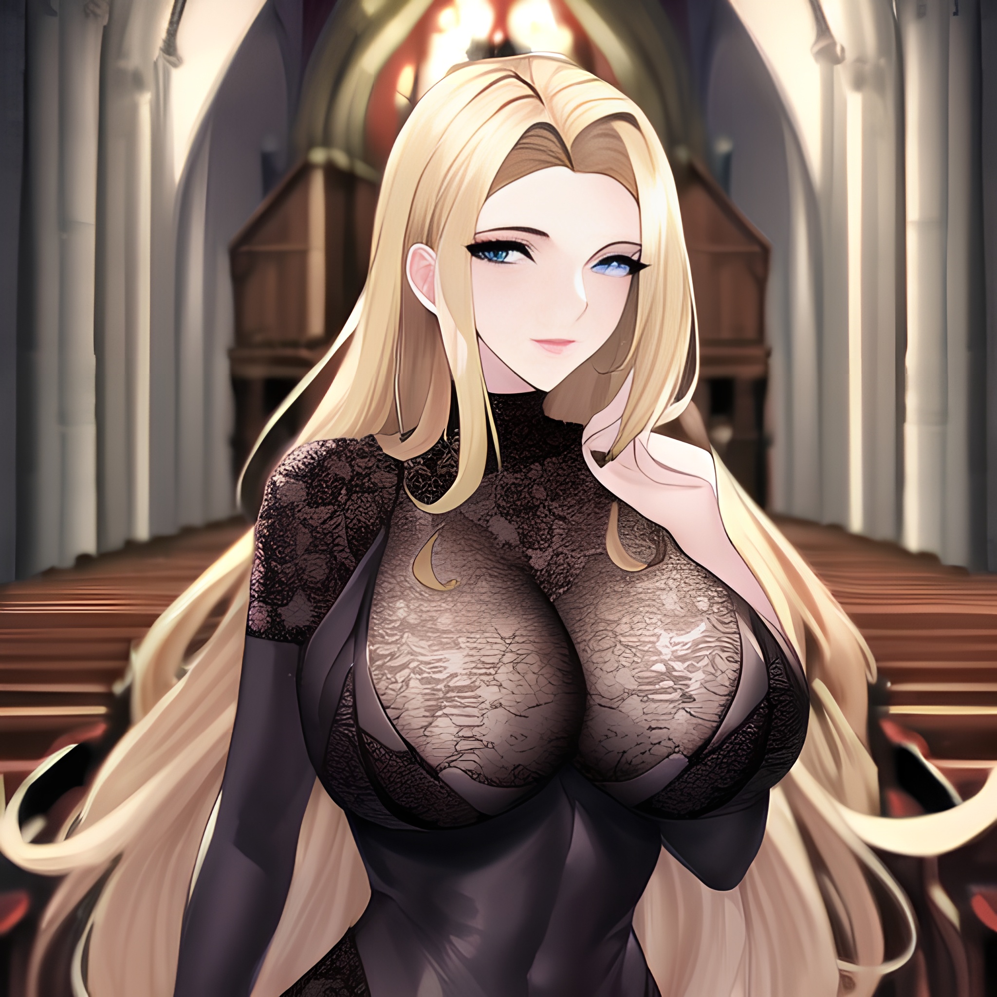 woman long hair blonde nude small boobs fishnet front view church