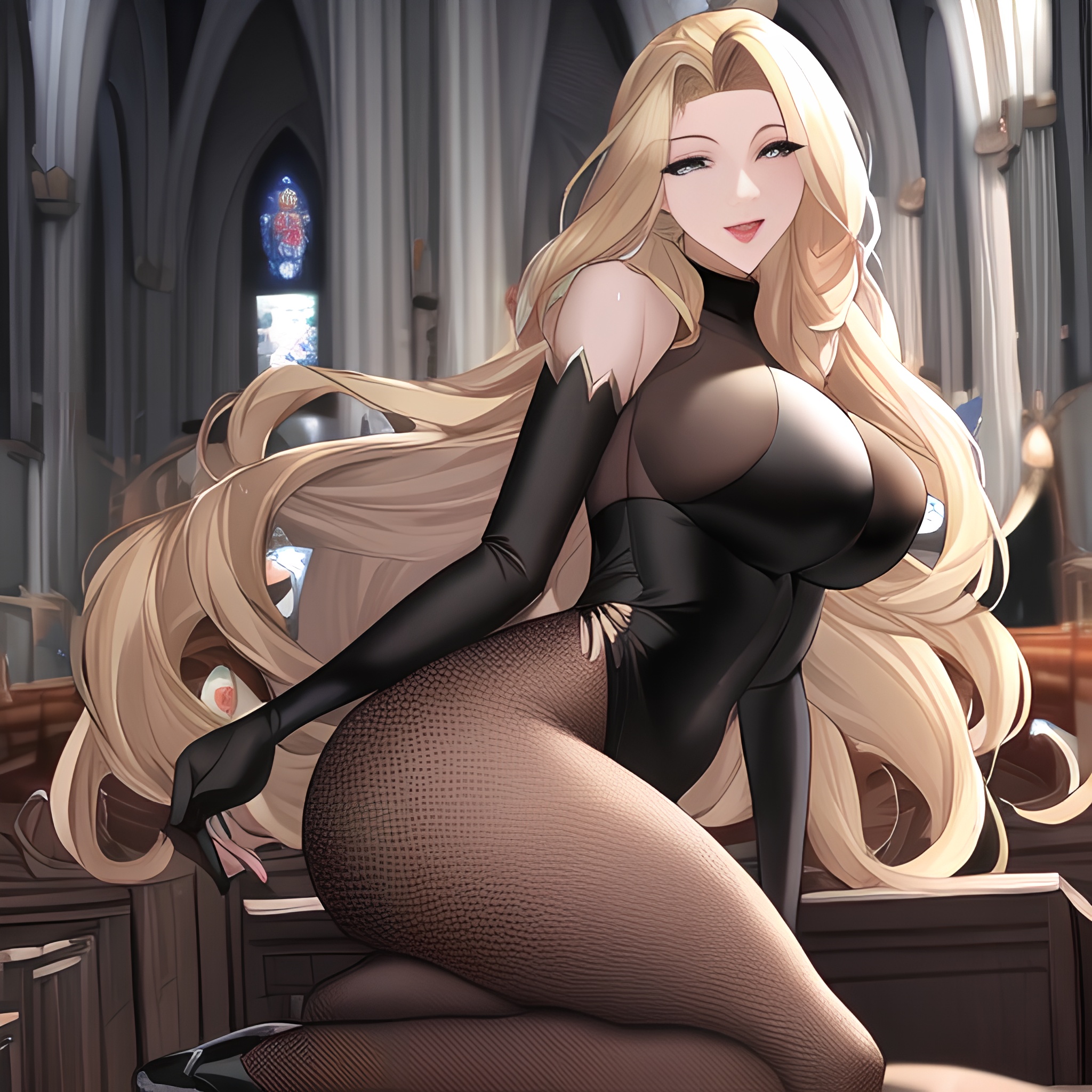 woman long hair church small boobs fishnet front view nude blonde 