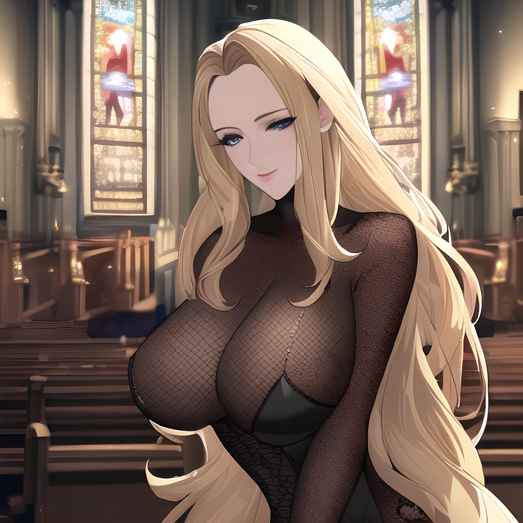 woman long hair front view fishnet small boobs church blonde nude 