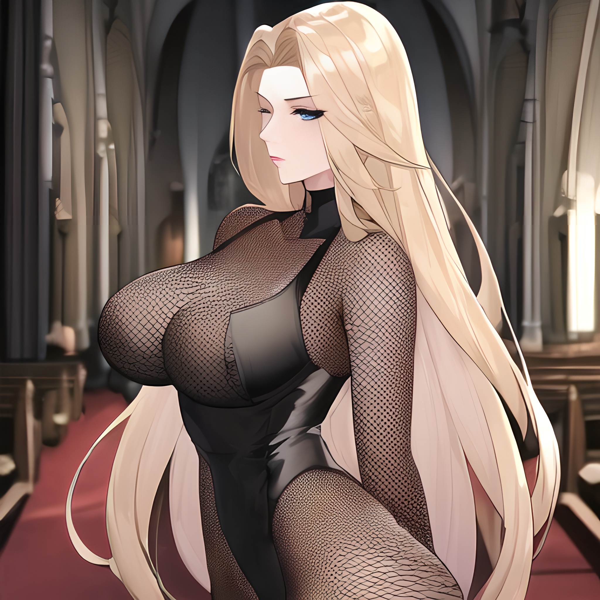 woman long hair front view small boobs blonde fishnet church nude