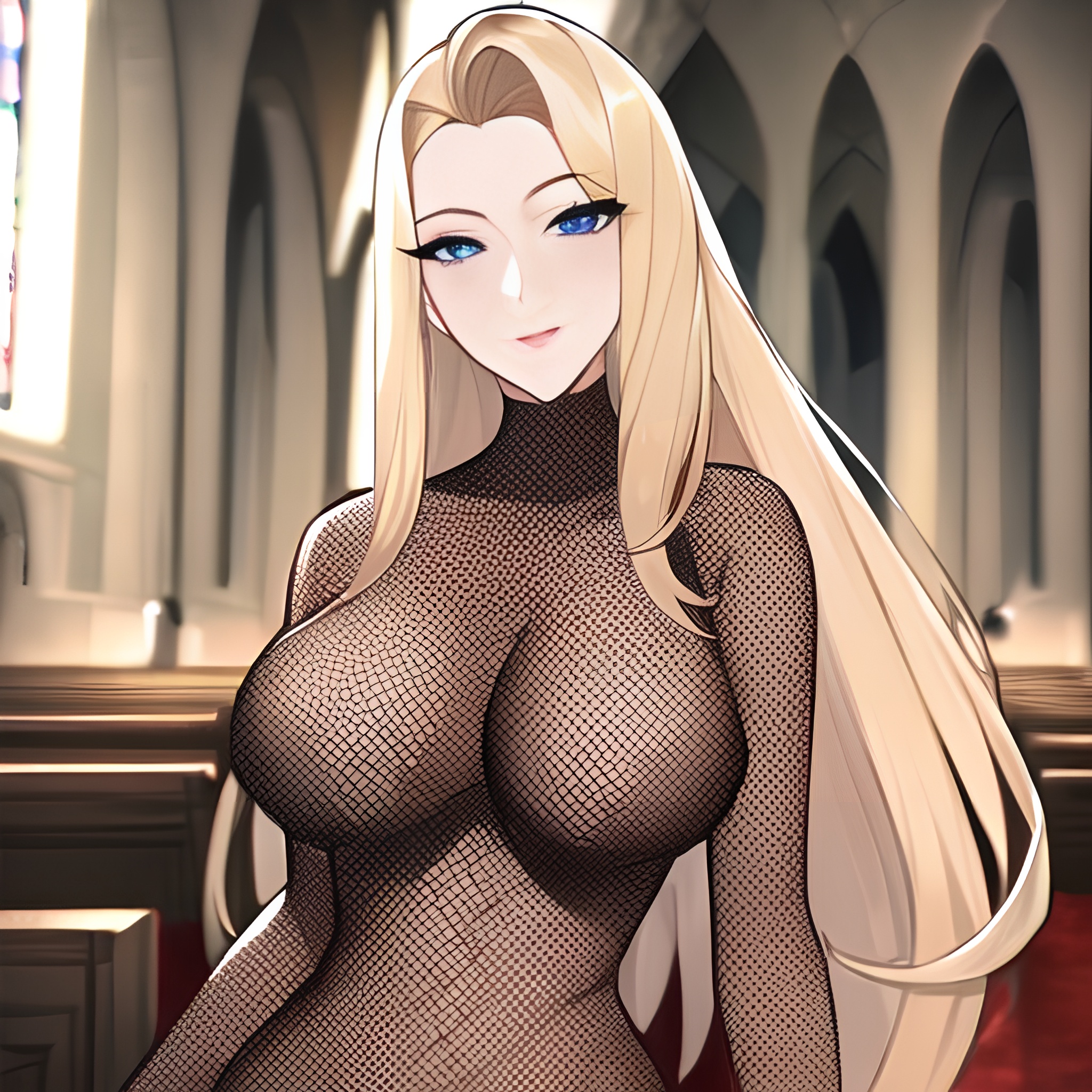 woman long hair nude blonde small boobs fishnet church front view