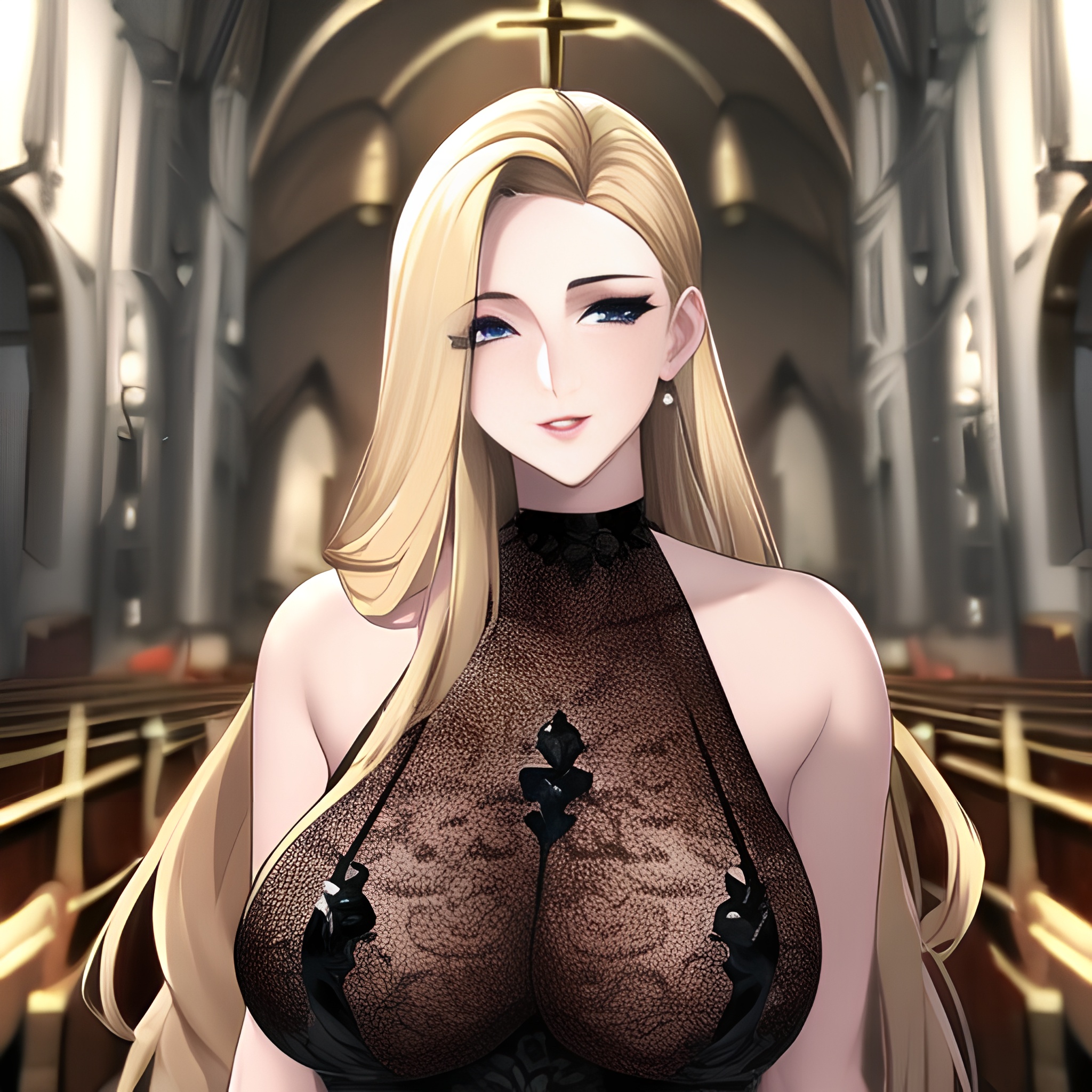 woman long hair nude front view small boobs fishnet blonde church 