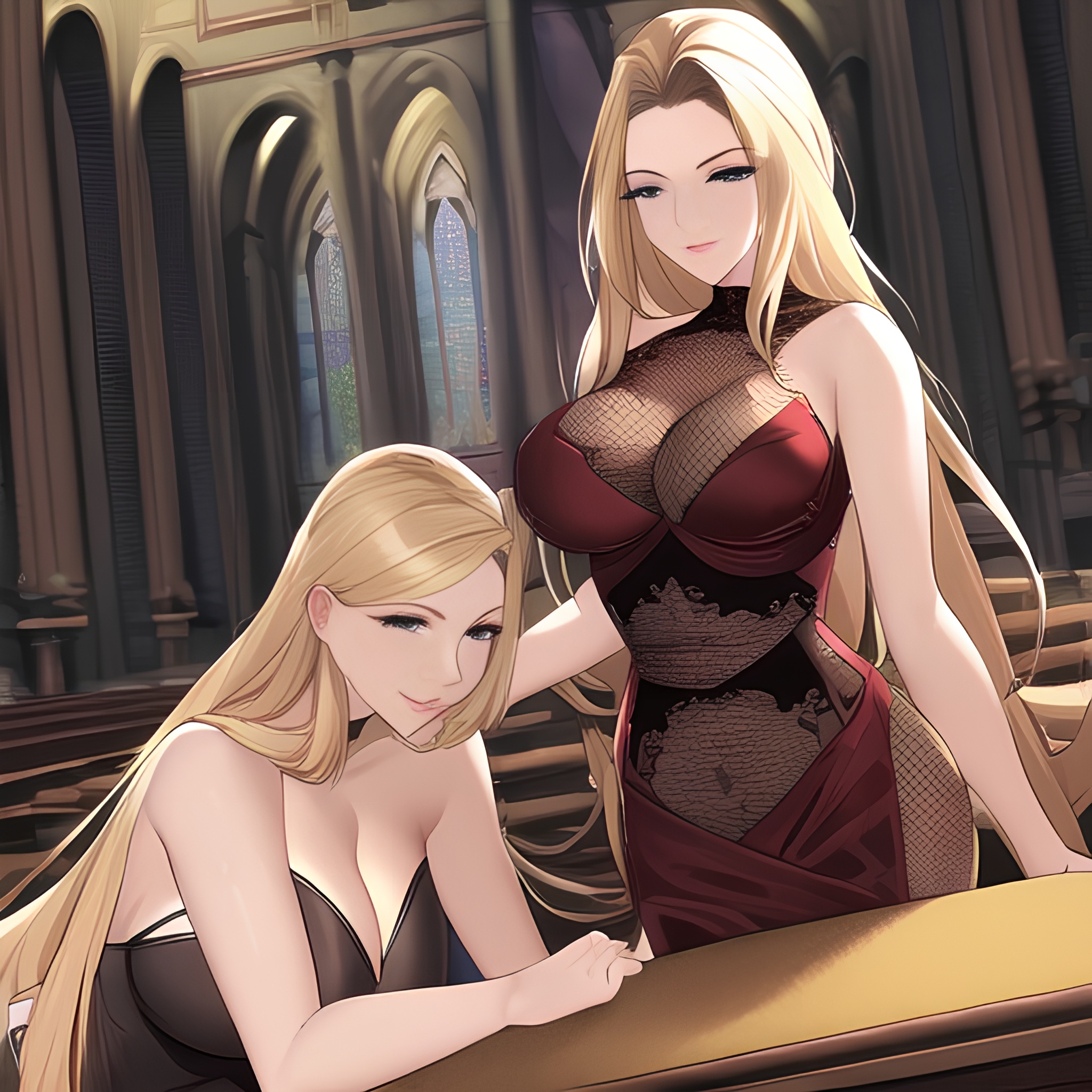 woman long hair small boobs blonde nude front view church fishnet 