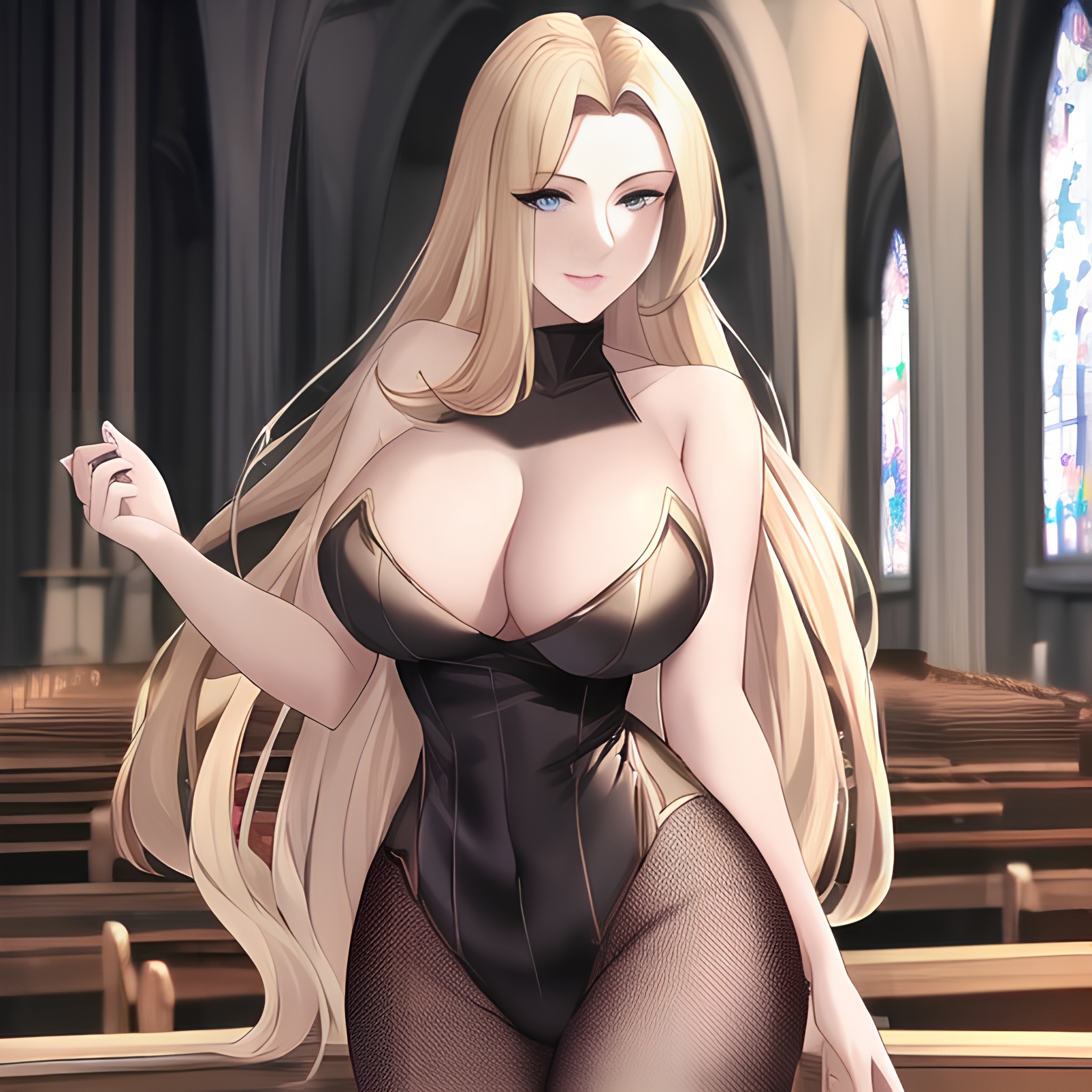woman long hair small boobs fishnet front view blonde church nude 