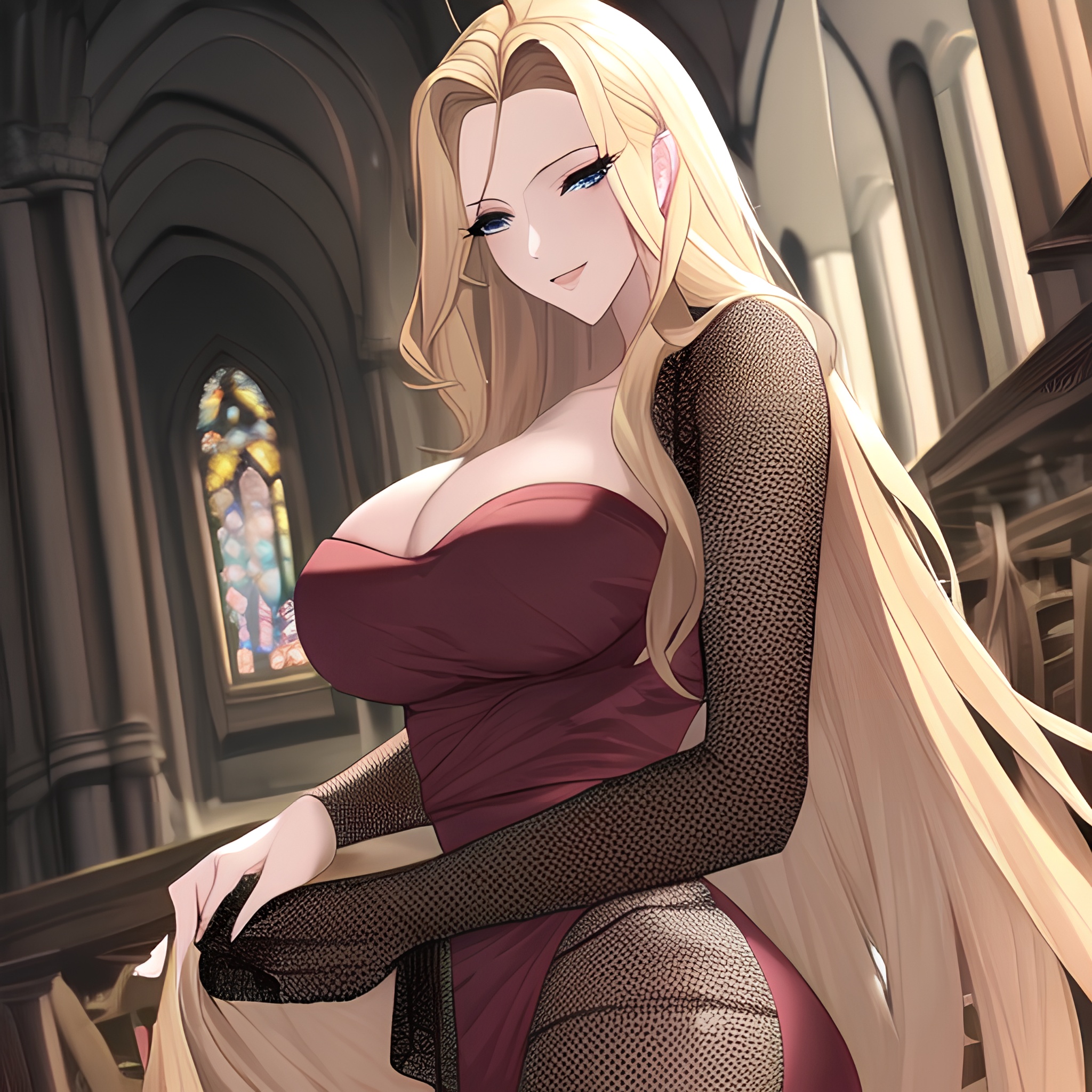 woman nude blonde church front view long hair small boobs fishnet