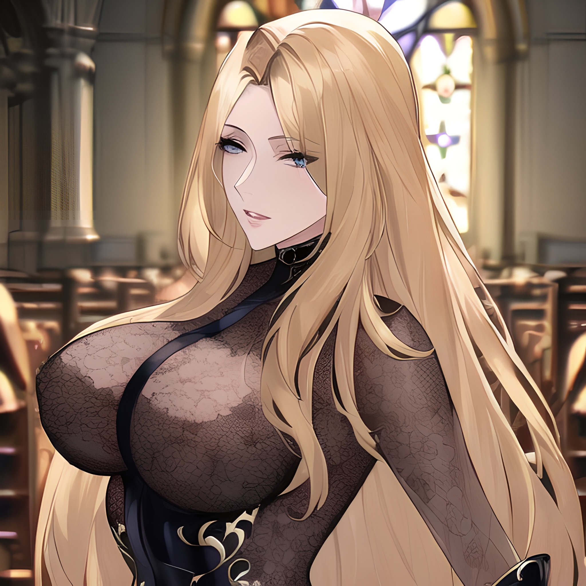 woman nude blonde church small boobs fishnet long hair front view 