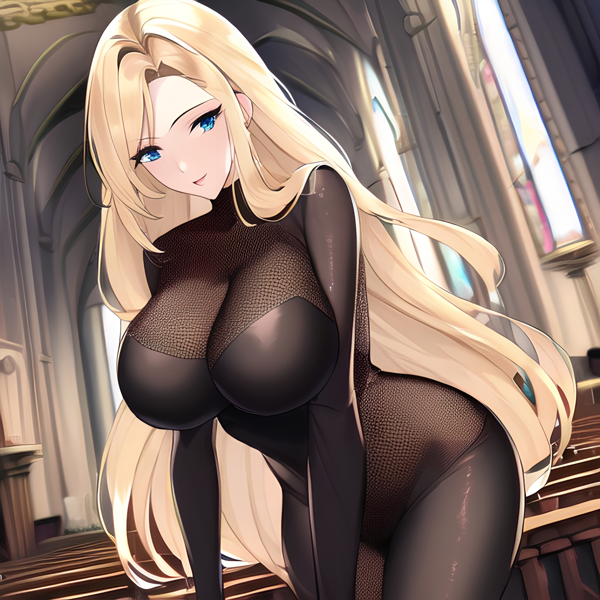 woman nude blonde small boobs church long hair front view fishnet 