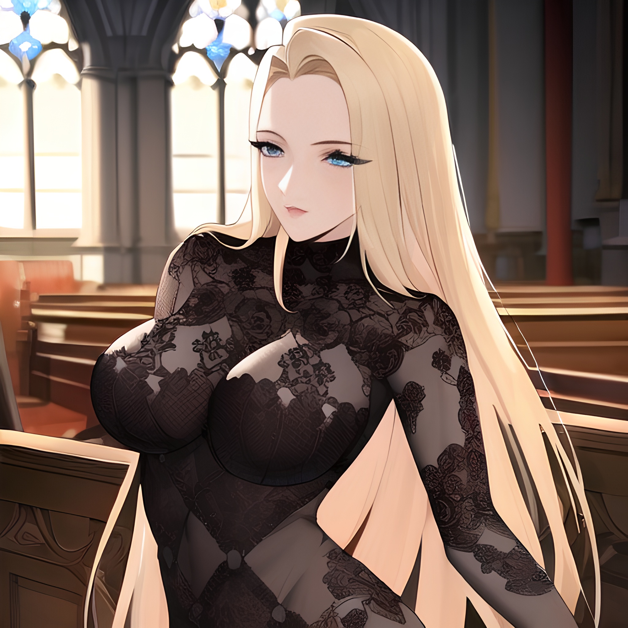 woman nude church long hair small boobs blonde front view fishnet