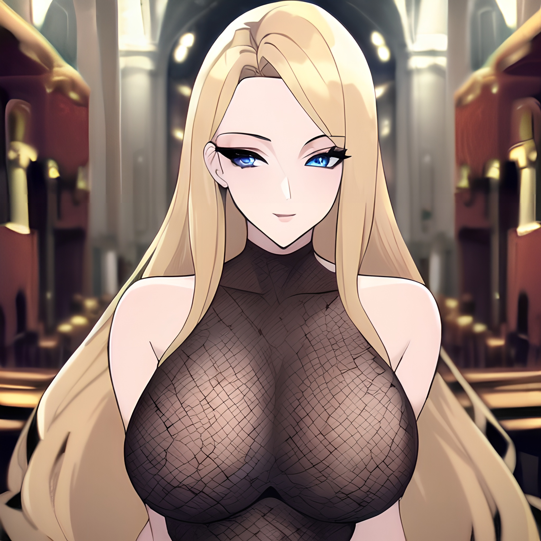 woman nude front view church small boobs long hair fishnet blonde