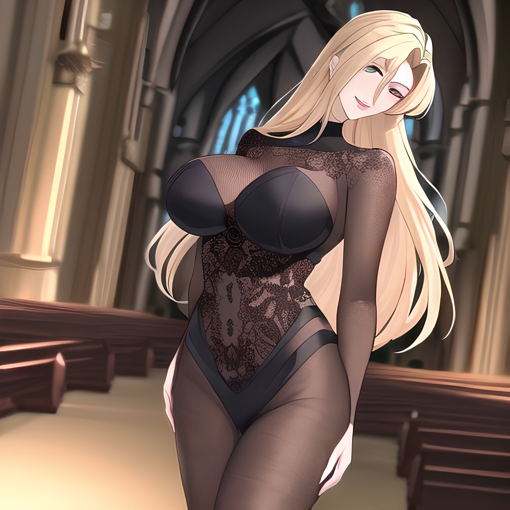 woman nude front view church small boobs long hair fishnet blonde