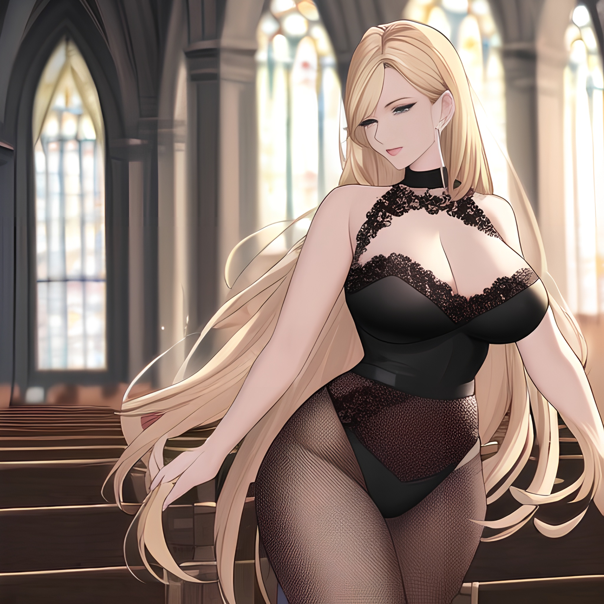 woman nude long hair front view small boobs fishnet blonde church 