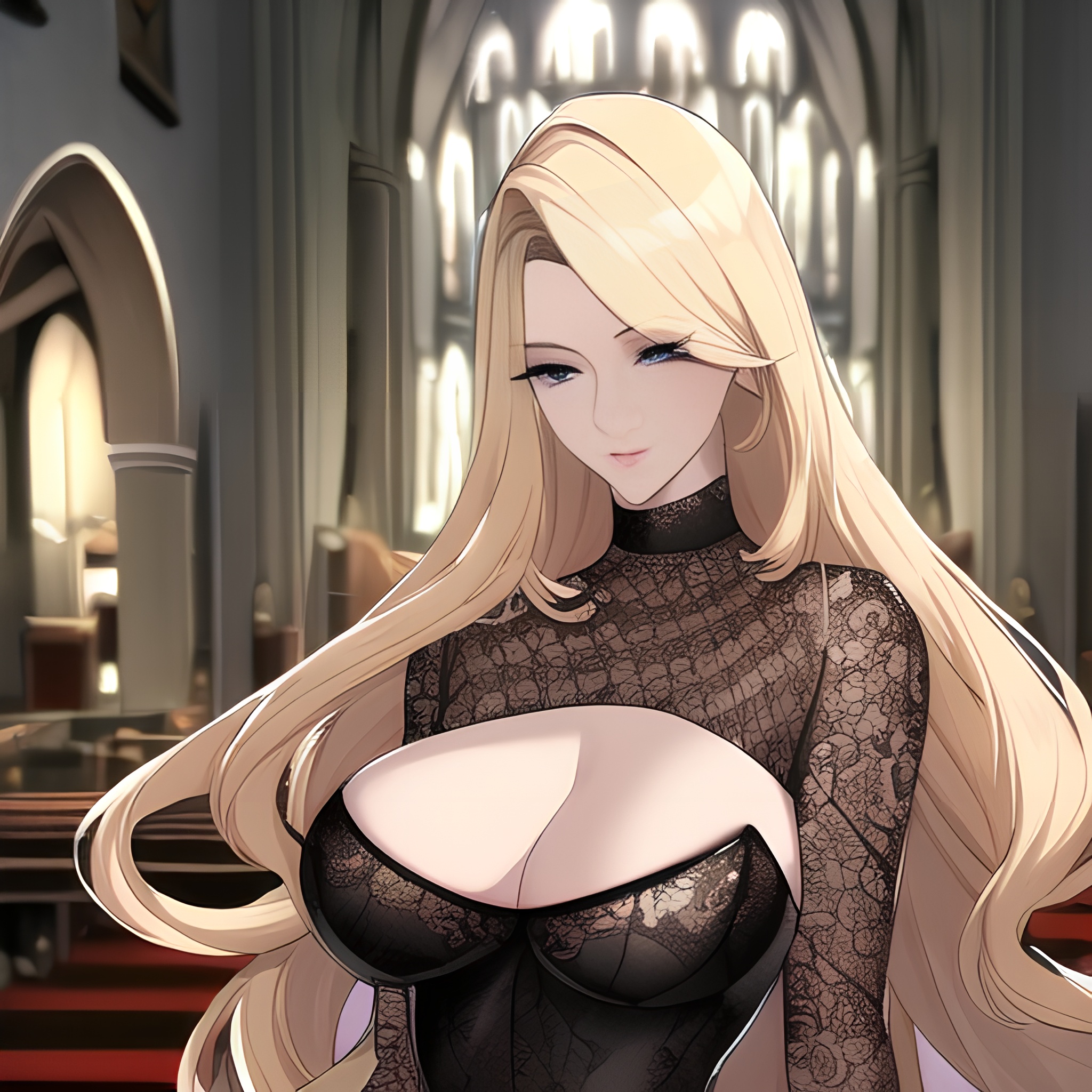 woman nude small boobs front view church blonde long hair fishnet 