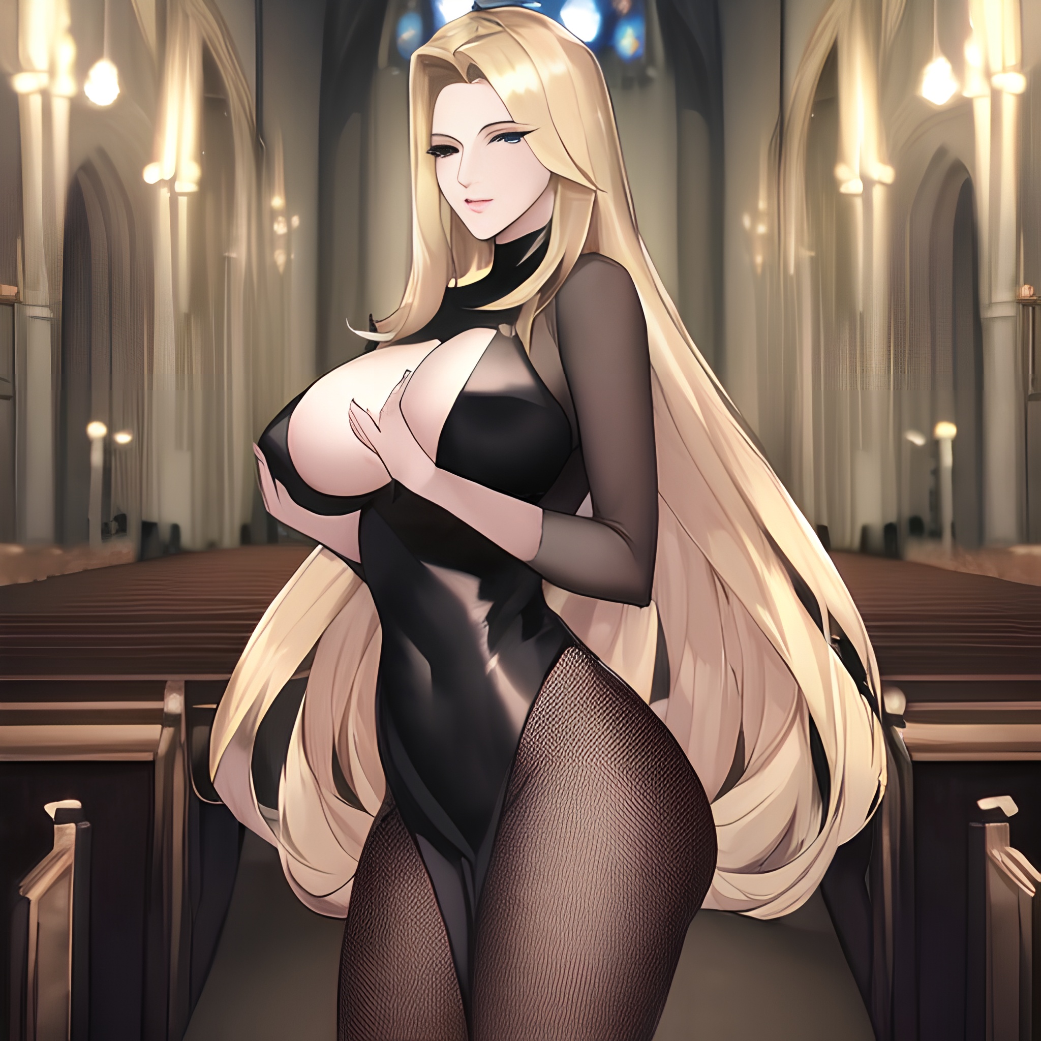 woman small boobs blonde fishnet front view long hair nude church 