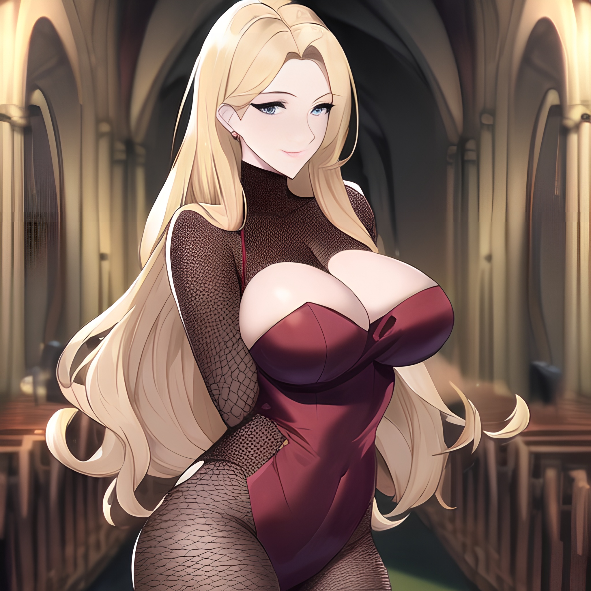 woman small boobs blonde front view long hair nude church fishnet 