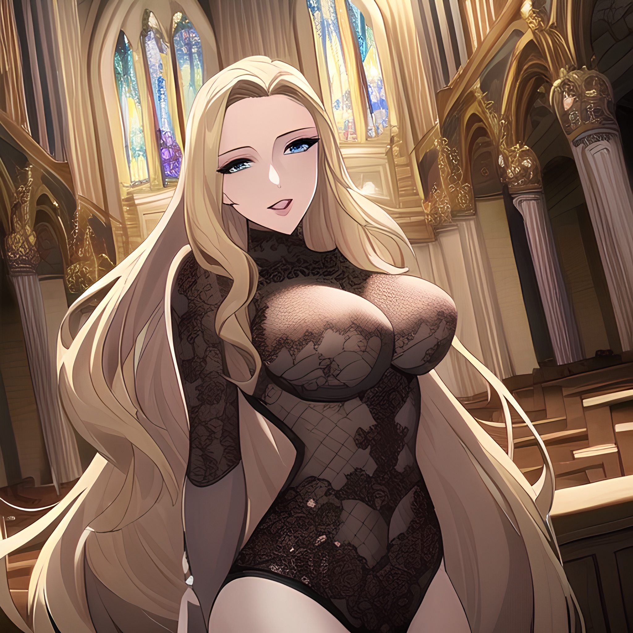 woman small boobs church nude fishnet long hair front view blonde 