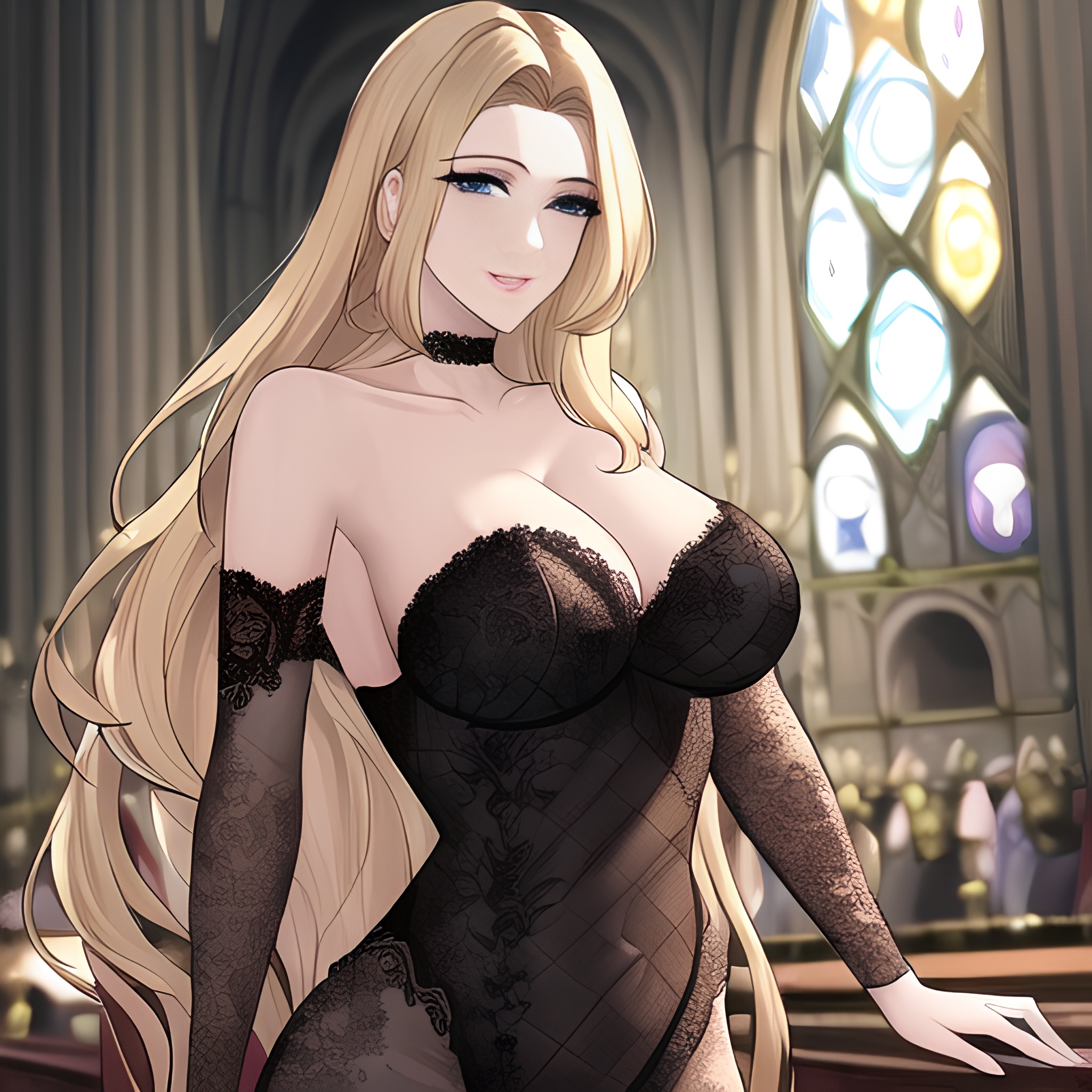 woman small boobs fishnet front view church long hair nude blonde