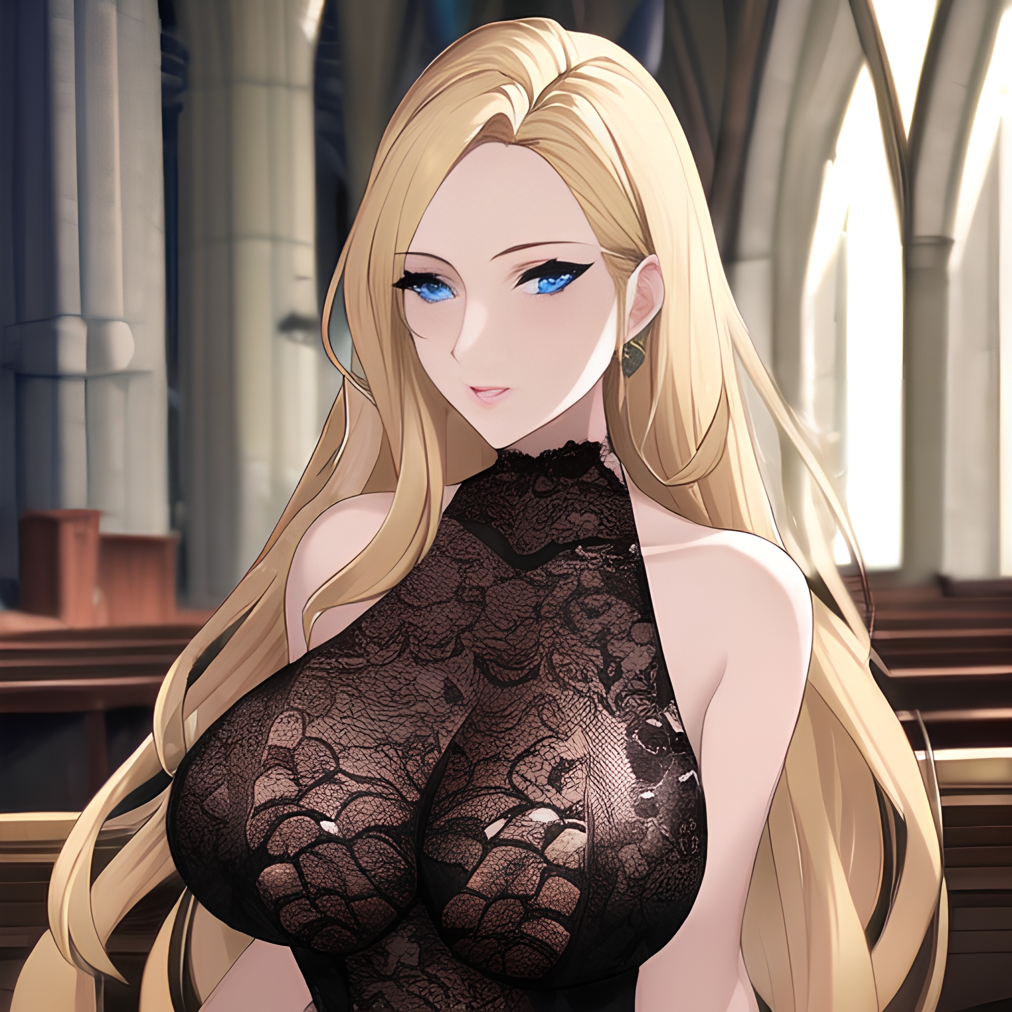woman small boobs fishnet nude church long hair front view blonde