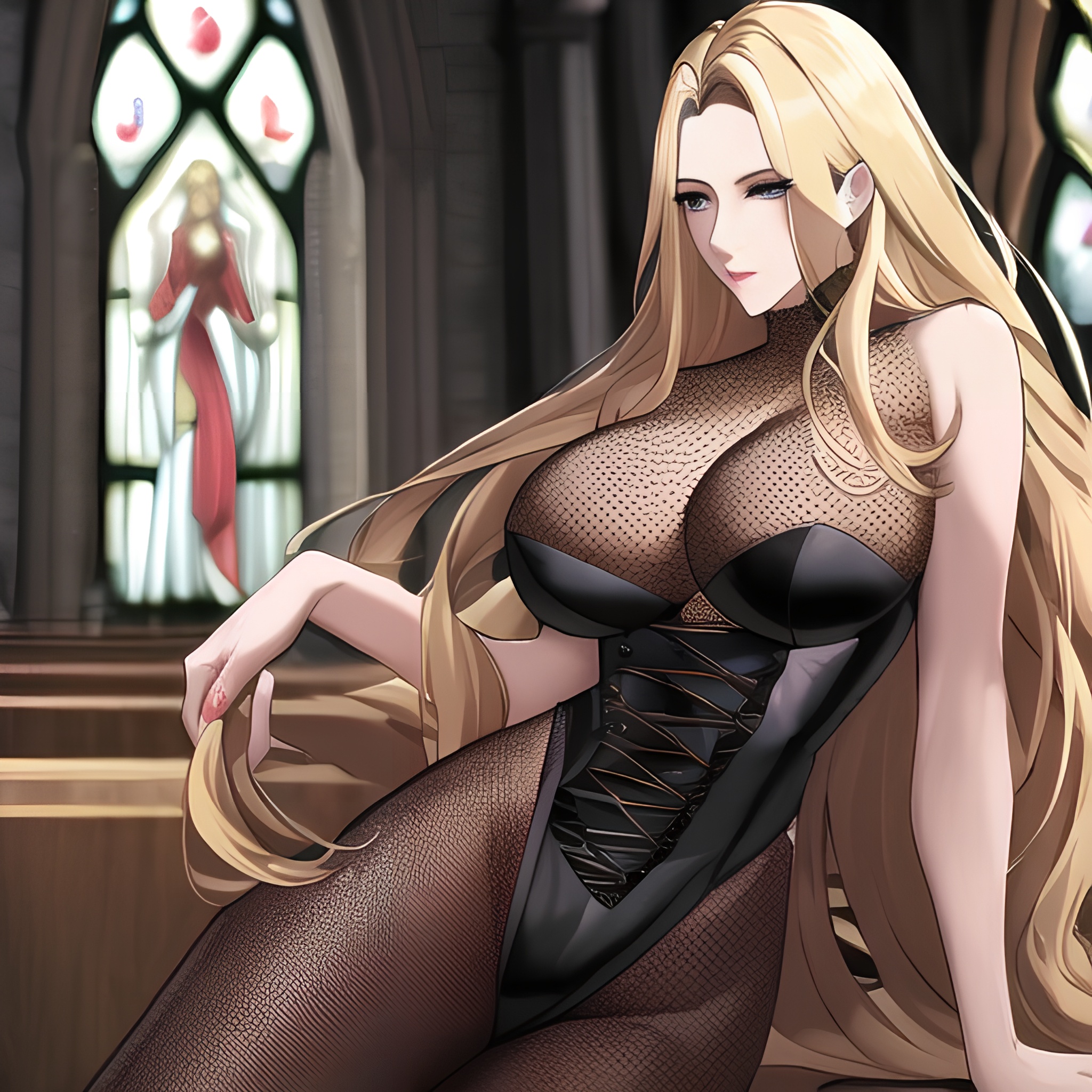 woman small boobs front view blonde church long hair fishnet nude 