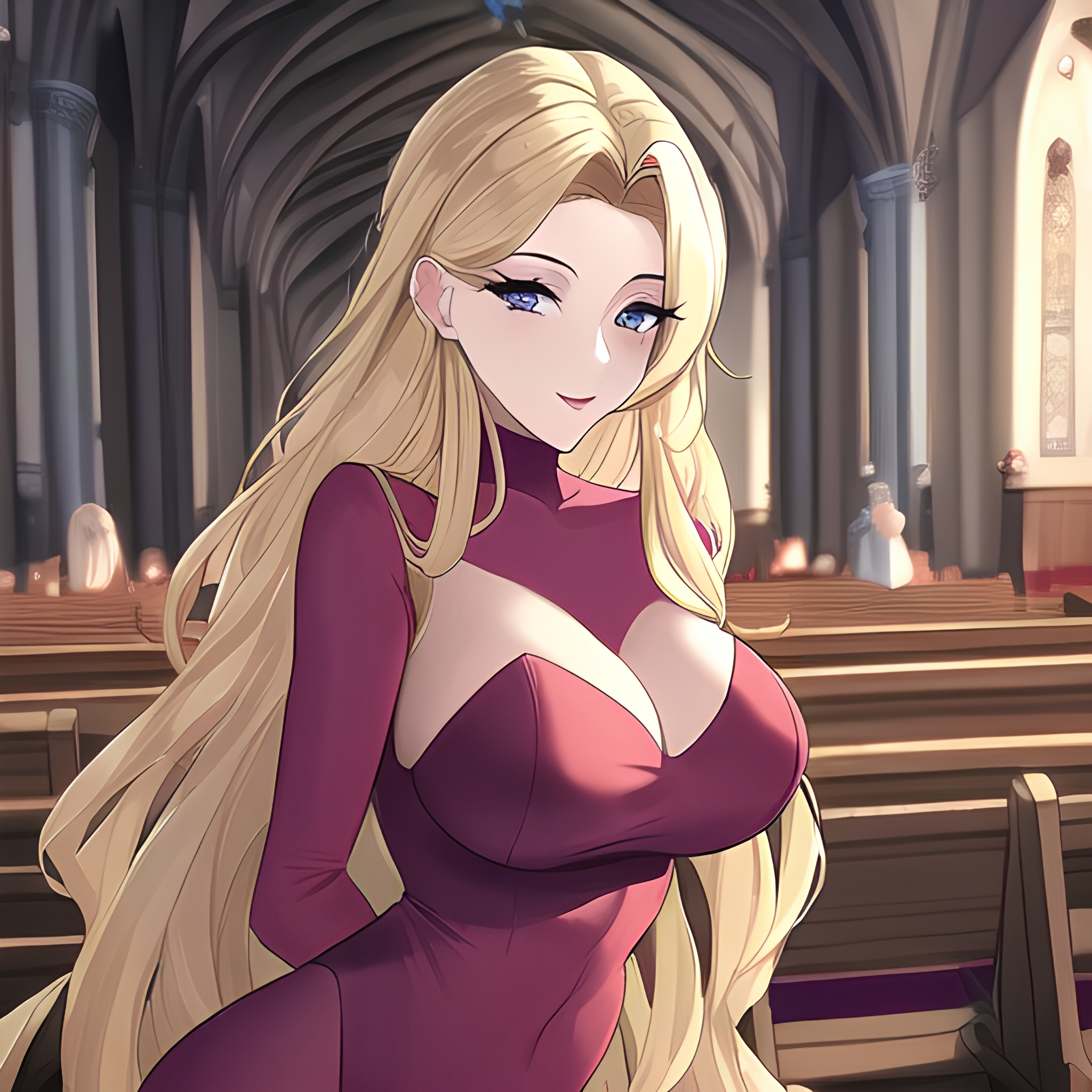 woman small boobs front view long hair blonde church fishnet nude 