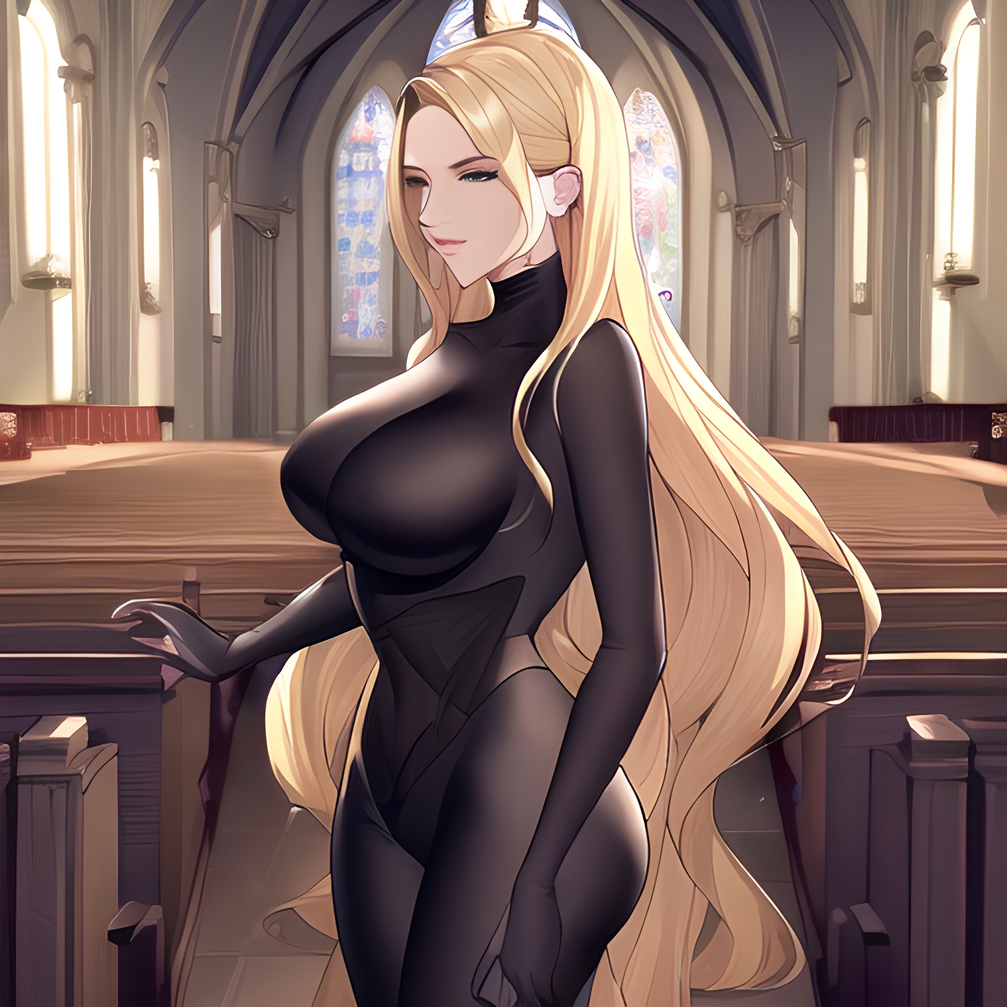 woman small boobs front view long hair church fishnet blonde nude 