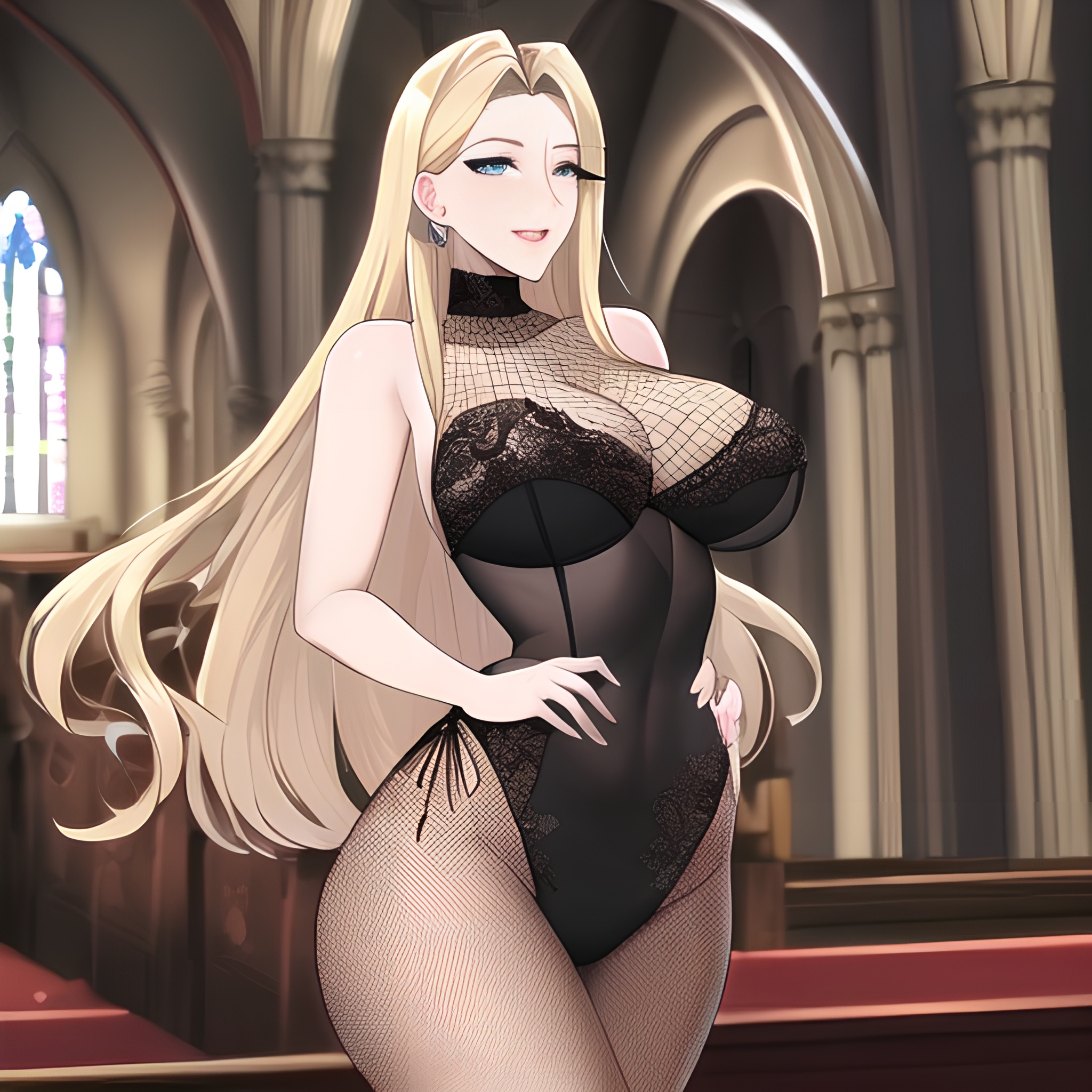 woman small boobs front view long hair fishnet blonde nude church 