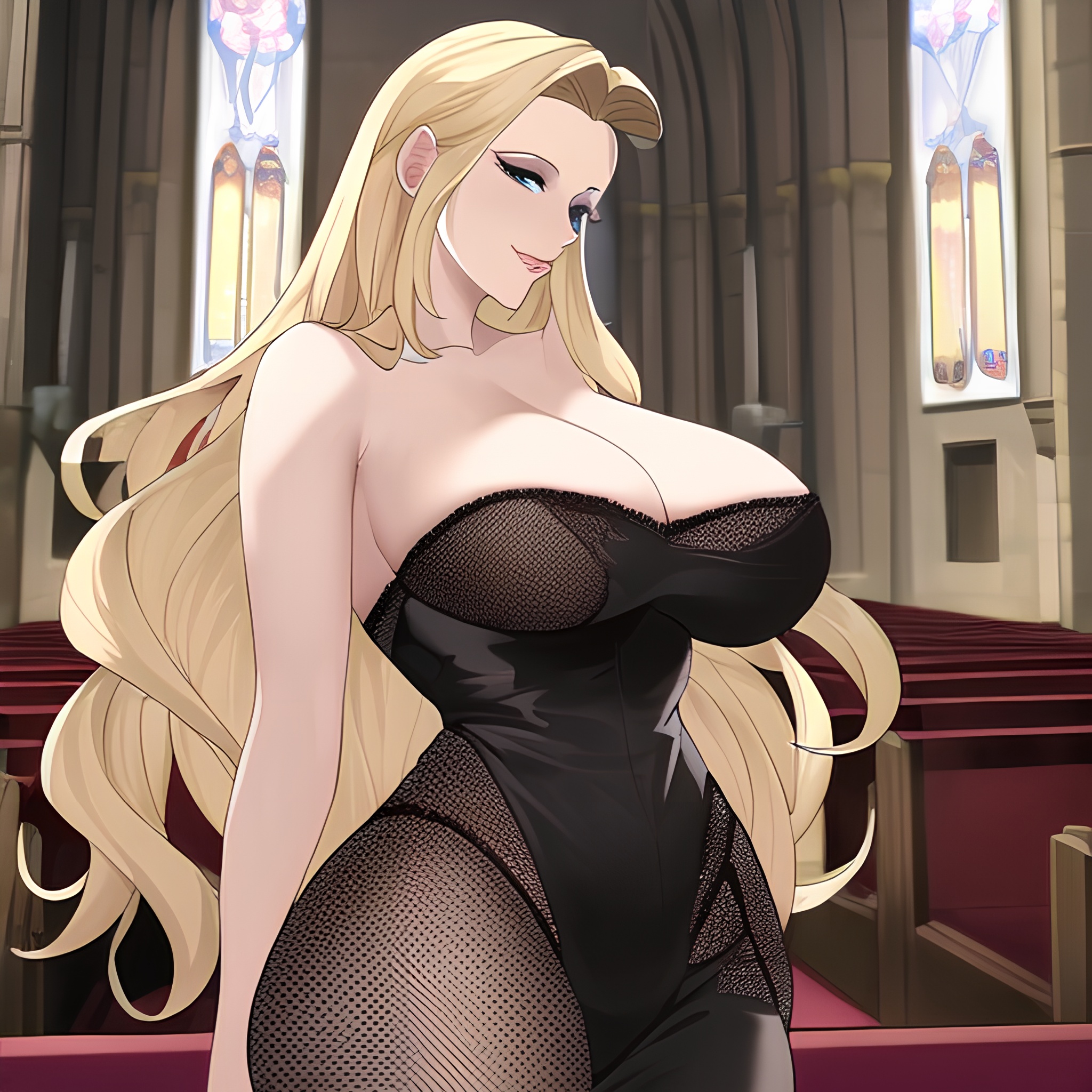 woman small boobs long hair blonde church fishnet front view nude 