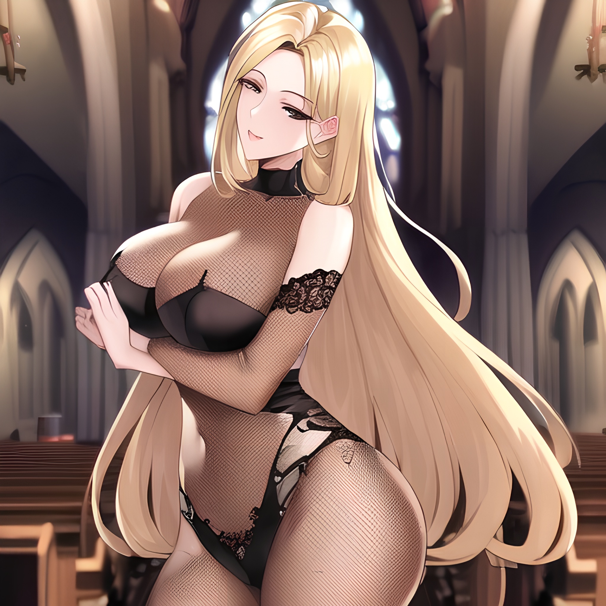 woman small boobs long hair blonde front view nude fishnet church 