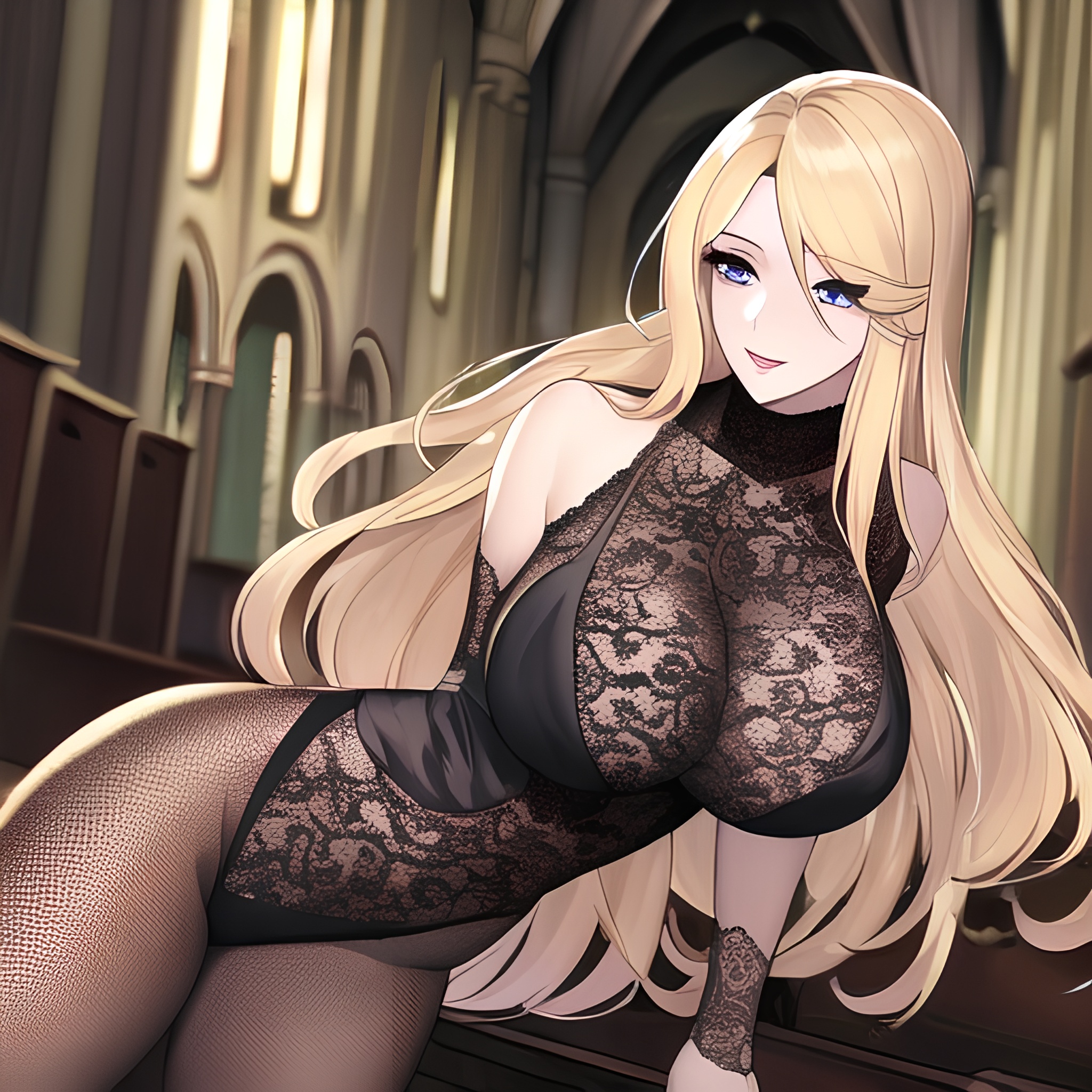 woman small boobs long hair fishnet church nude front view blonde 