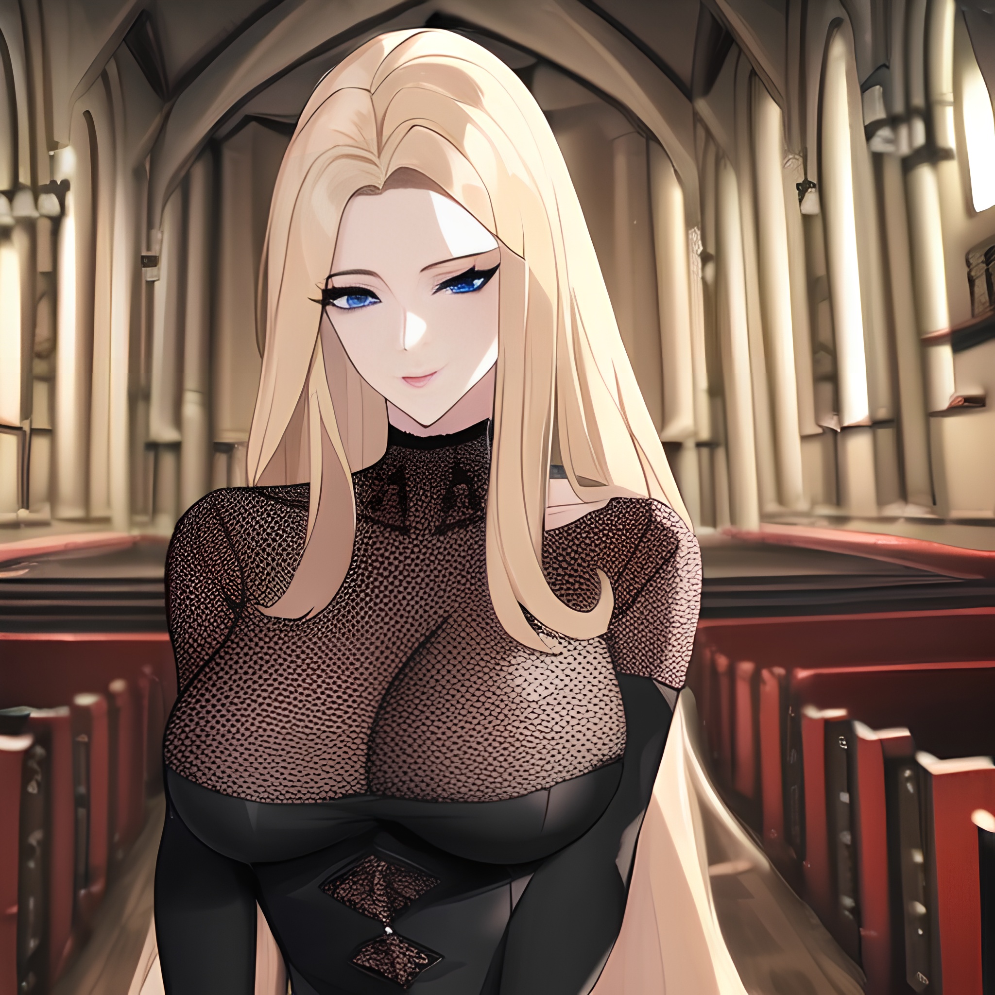 woman small boobs long hair front view blonde church fishnet nude