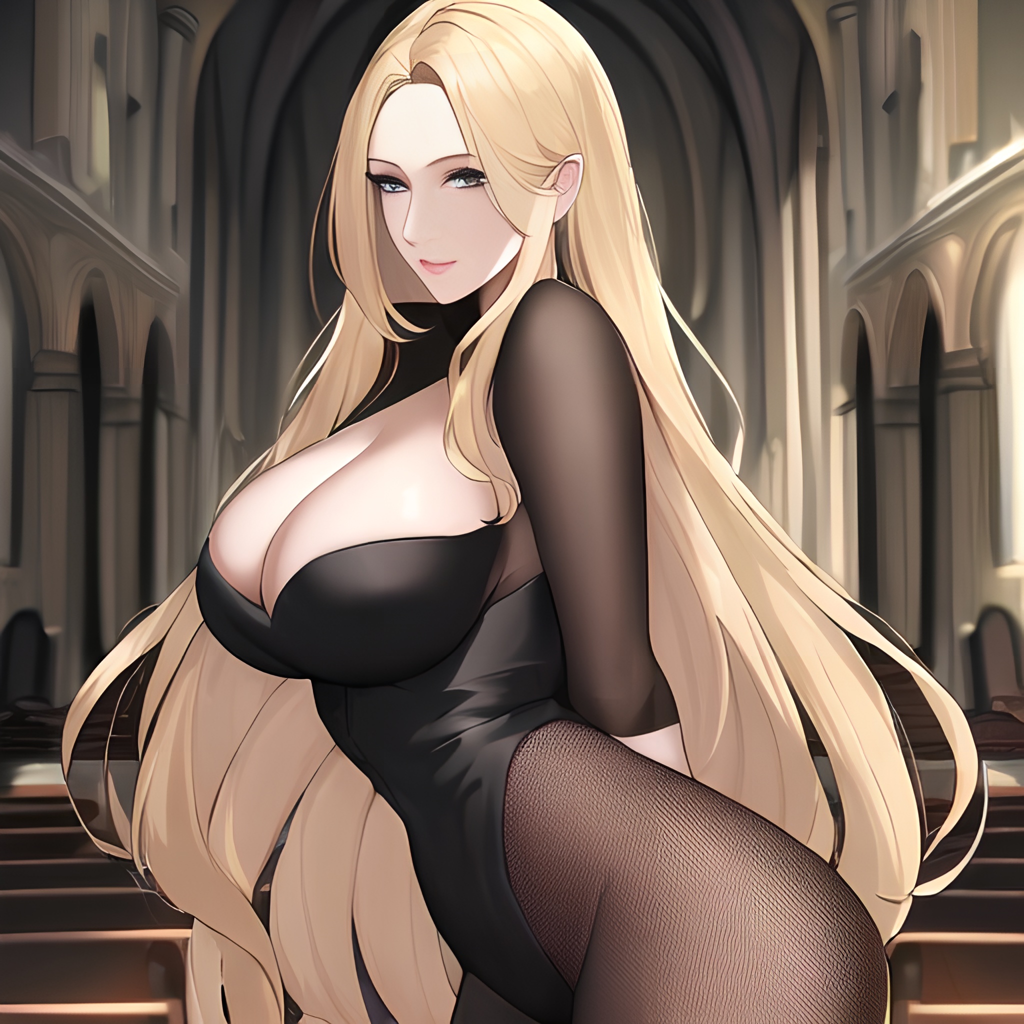 woman small boobs long hair nude blonde church fishnet front view 