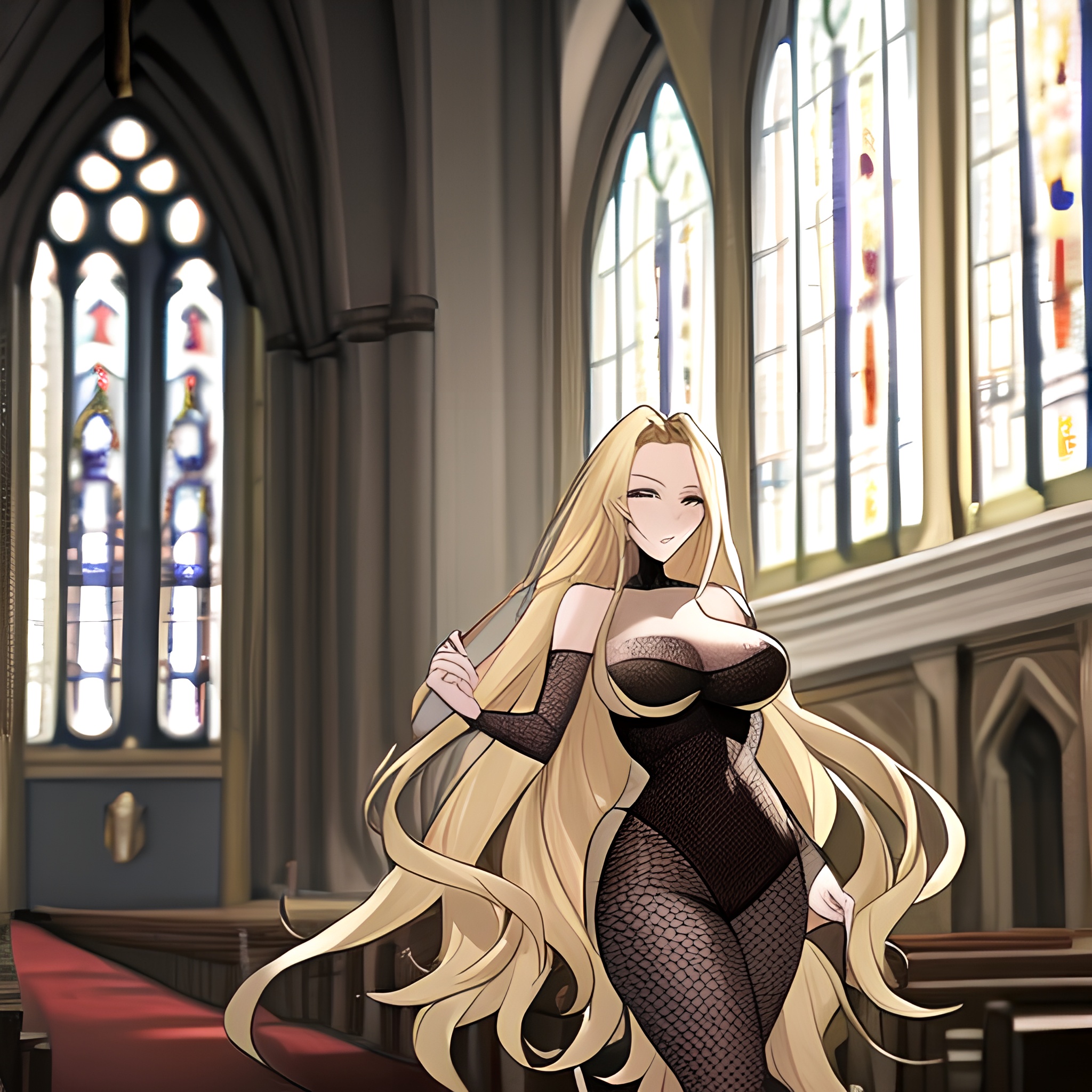 blonde church fishnet long hair woman