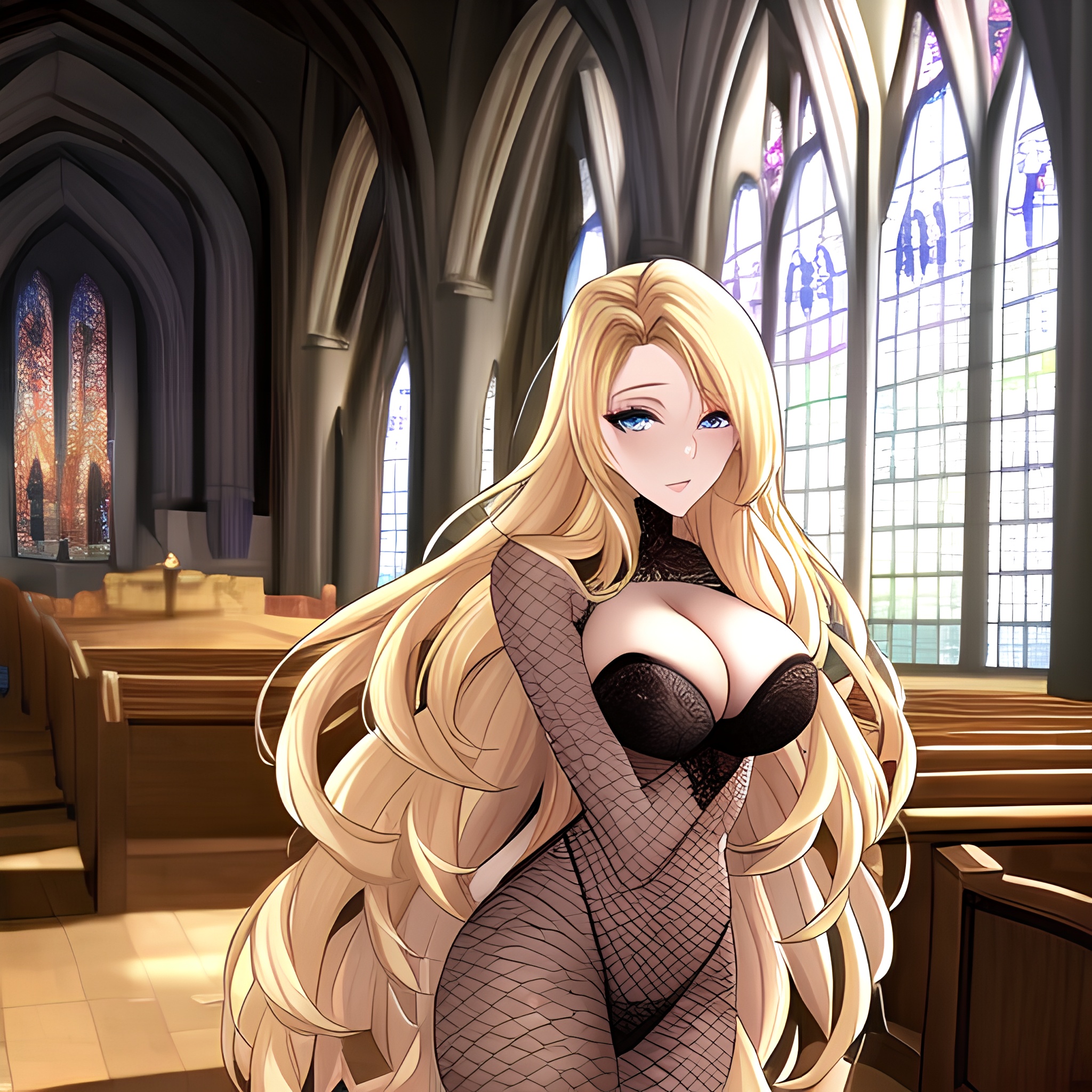 blonde church fishnet long hair woman 