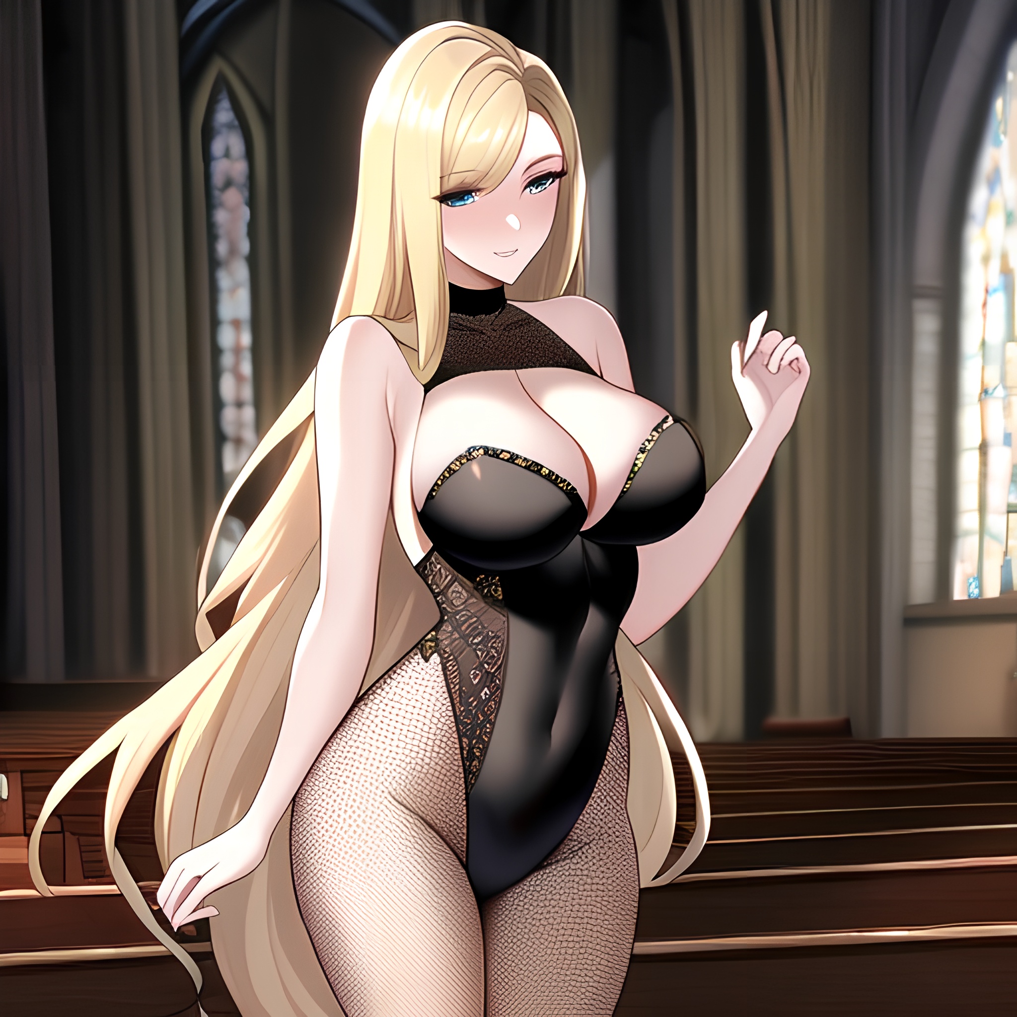 blonde church fishnet woman long hair 