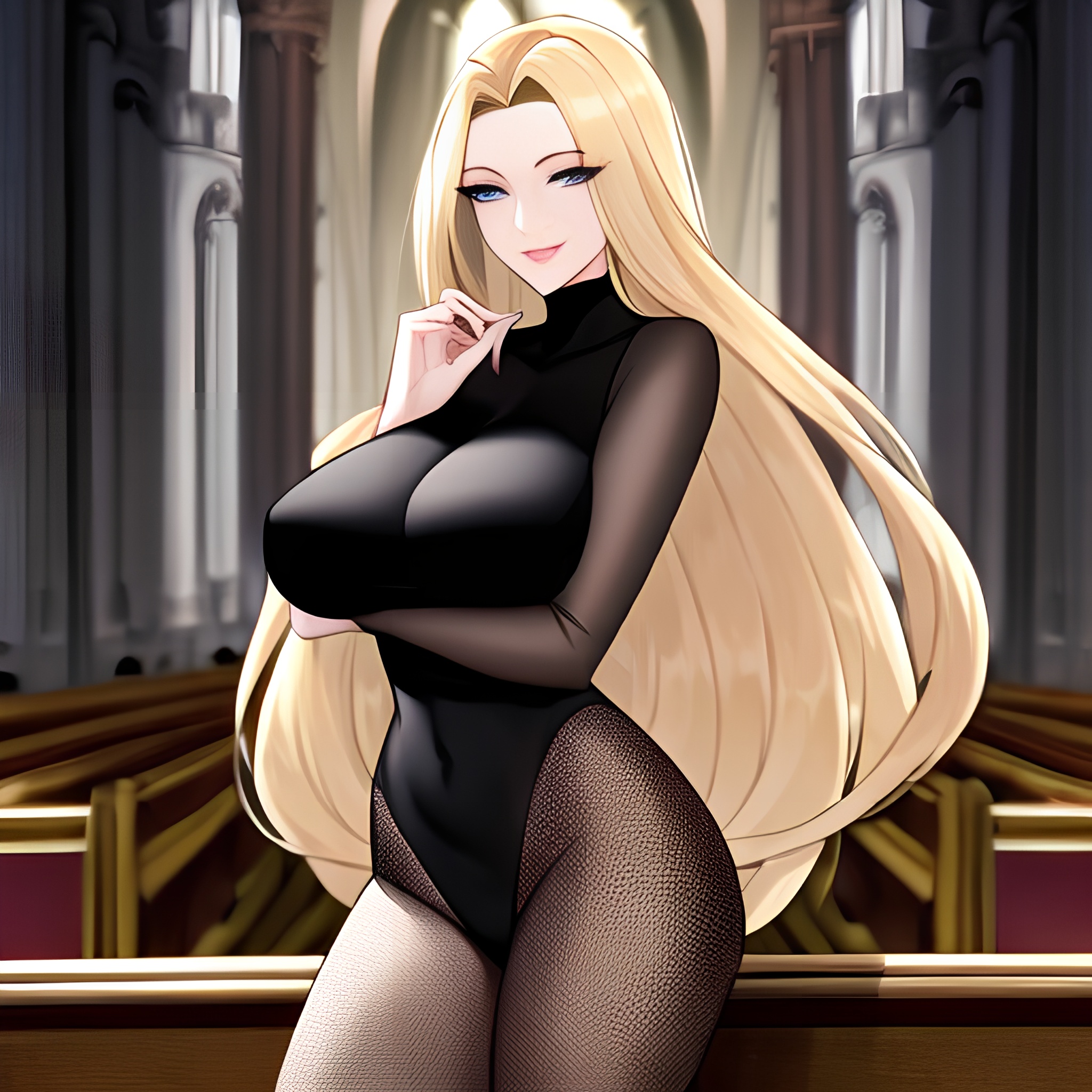 blonde church fishnet woman long hair