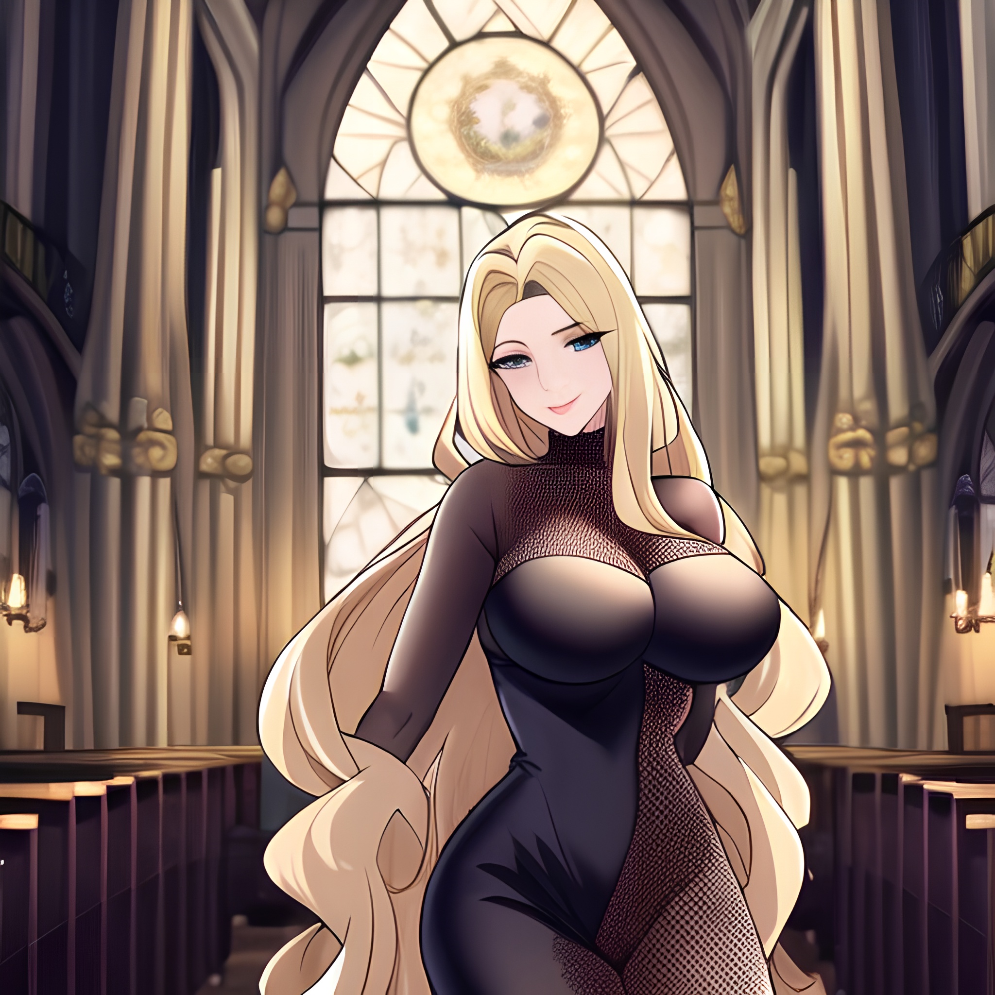 blonde church fishnet woman long hair 