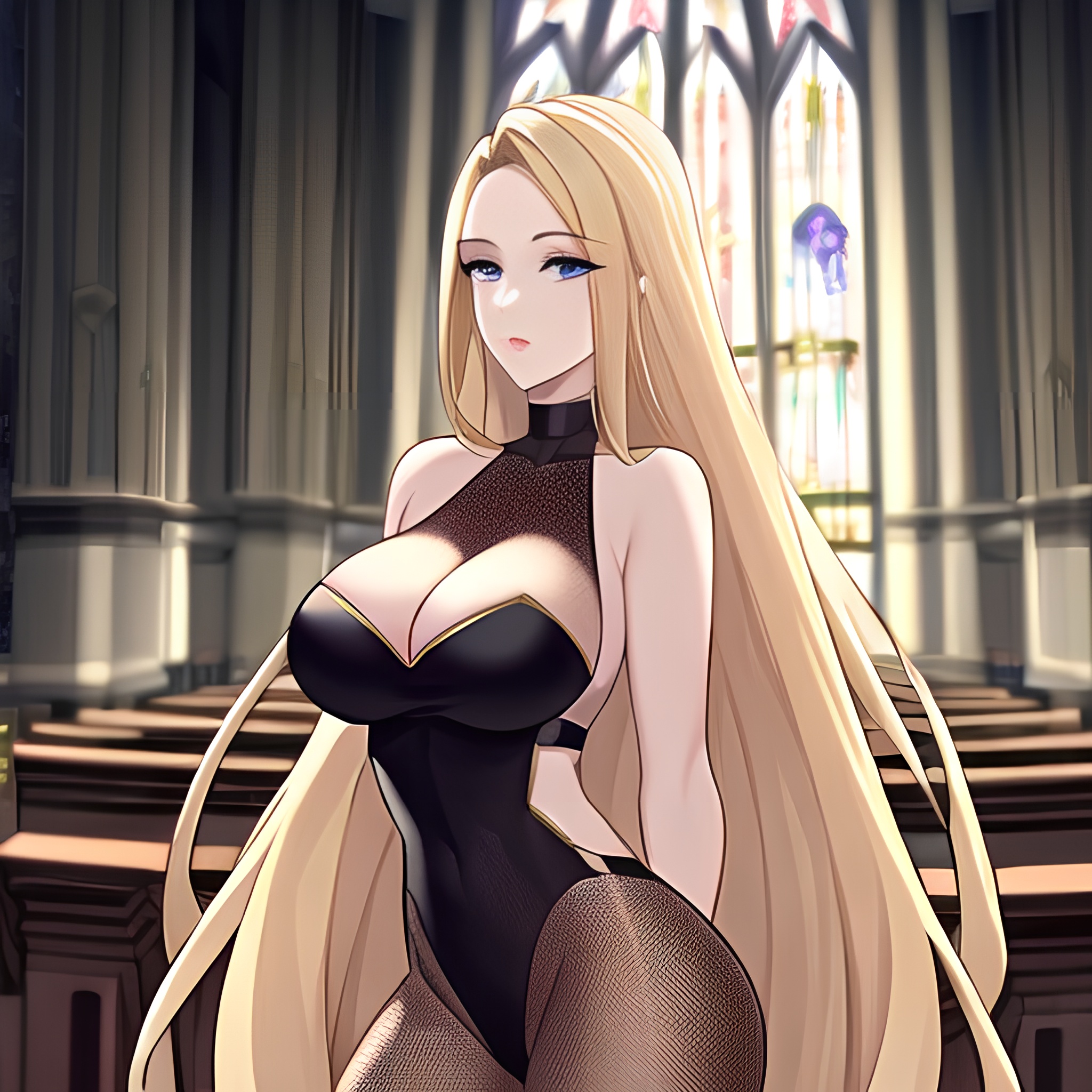 blonde church fishnet woman long hair 