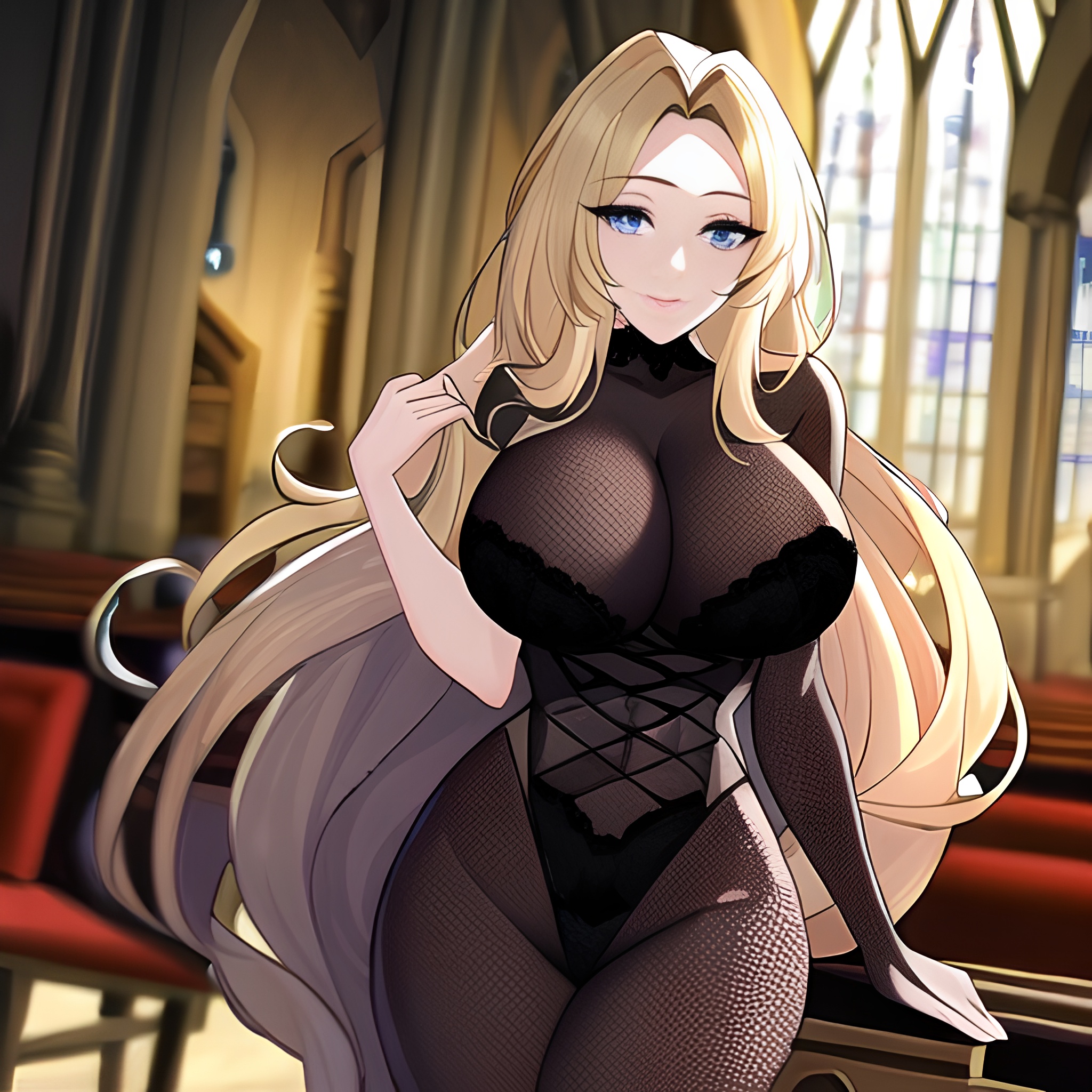 blonde church fishnet woman long hair 