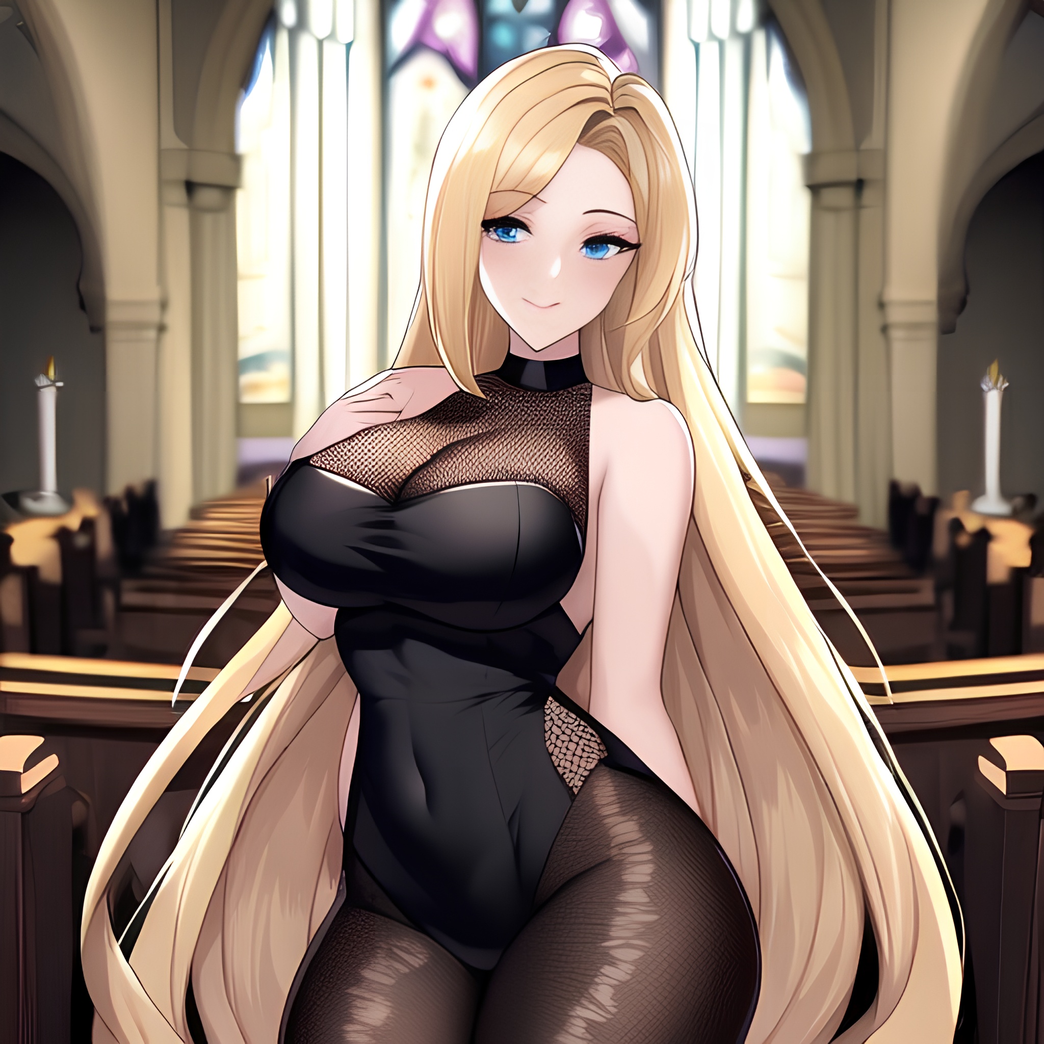 blonde church fishnet woman long hair 